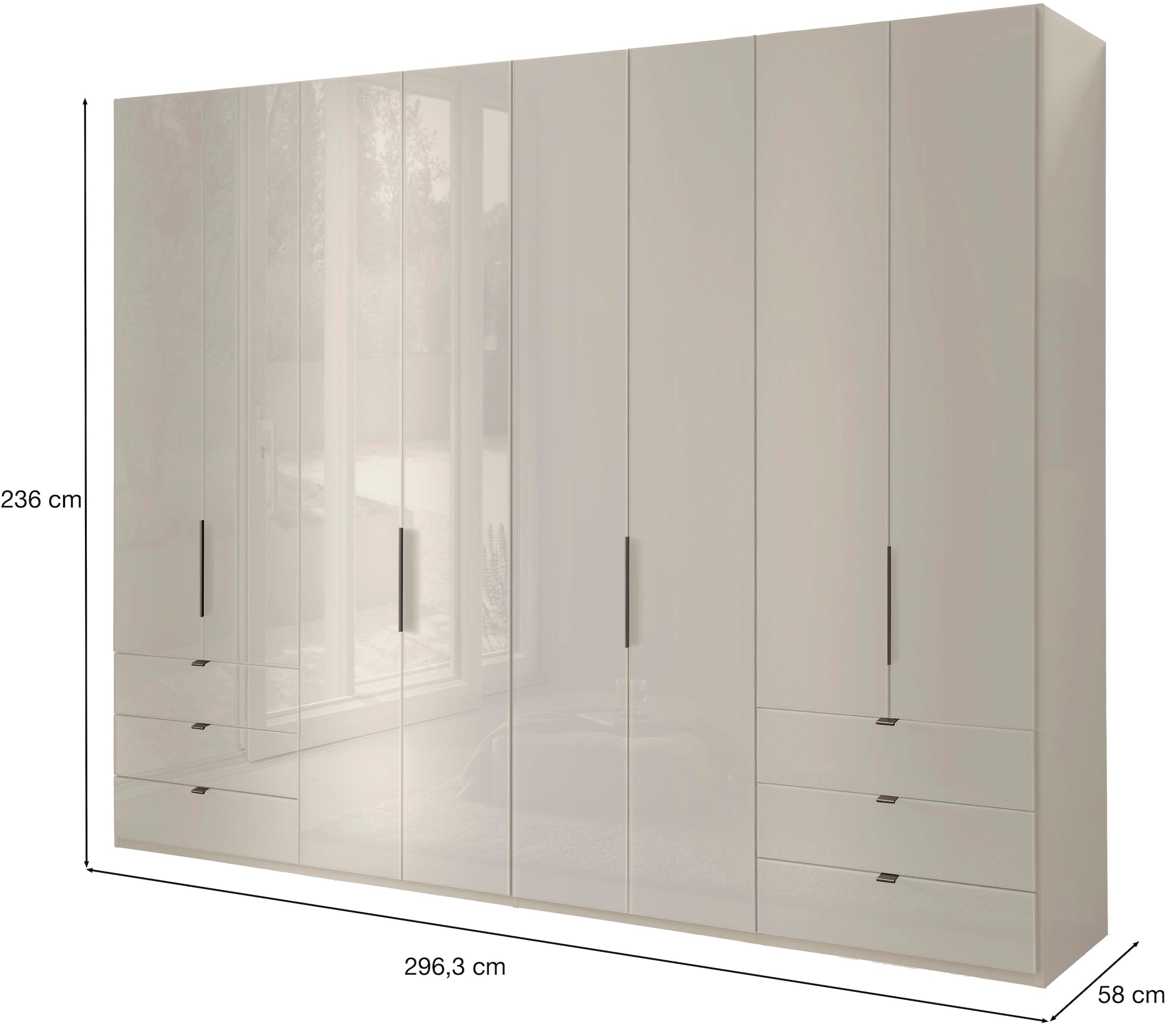 WIEMANN Falttürenschrank »Ohio, Kleiderschrank, Schrank, Garderobe, mit Schubladen, 300 cm« inklusive Einlegeböden & Kleiderstangen, 2 Höhen, MADE IN GERMANY,  inklusive Tür und Schubkastendämpfung, hochwertige Glasfront