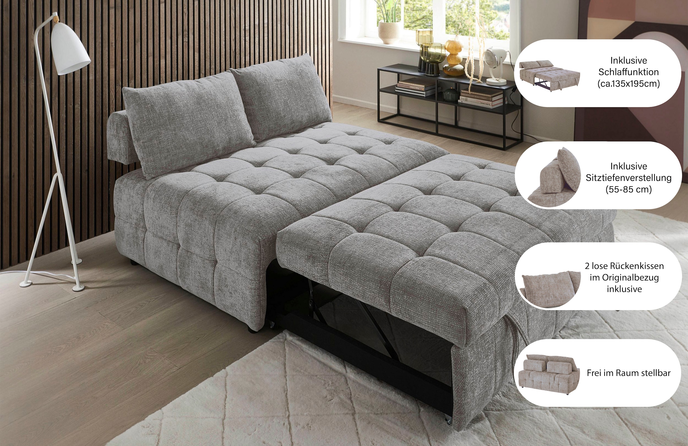 ATLANTIC home collection Canapé-lit »Kuno, B:140cm« 2-Sitzer Schlafsofa mit Sitztiefenverstellung (2x)