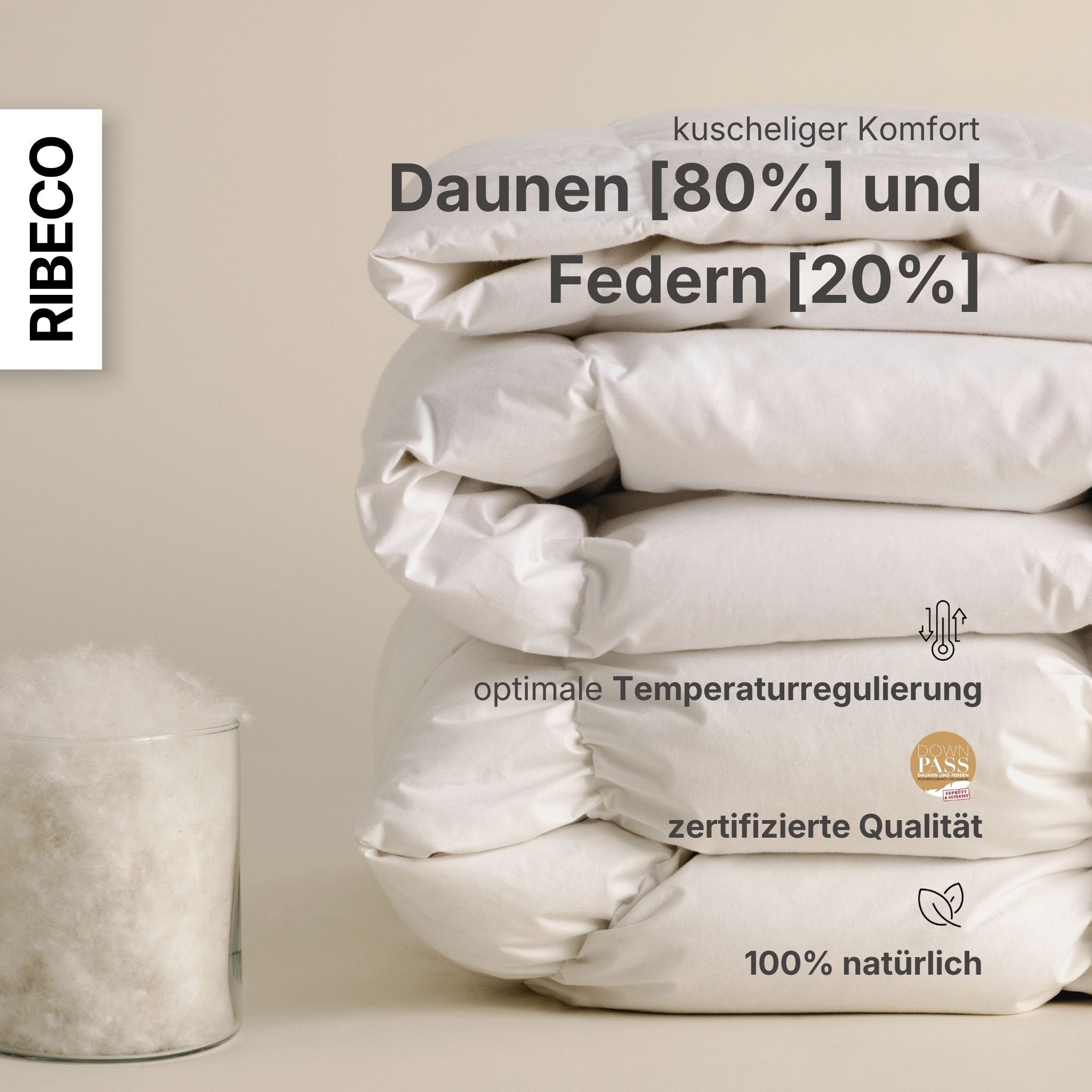 RIBECO Couette en duvet »Johanna, Bettdecke in 135x200 und 155x220cm und weiteren Grössen« léger Füllung 80 duvet 20 plumes 1 cuis tlg. meilleure vente, duvet et plumes, couette en duvet, couette en plumes, fabriqué en Allemagne