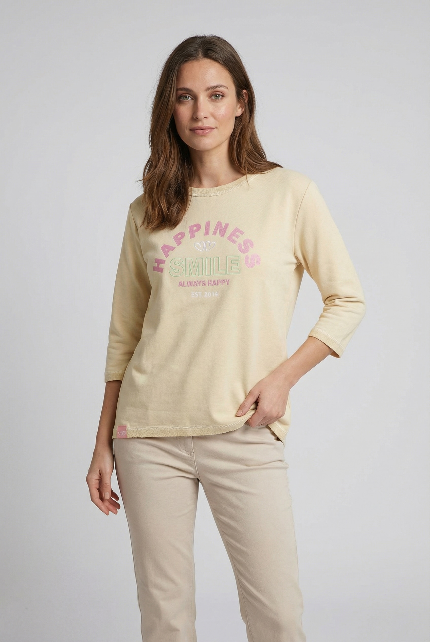 Image of Zwillingsherz Langarmshirt ""Smile"" 3/4-Arm, Rundhalsausschnitt, Stickerei
