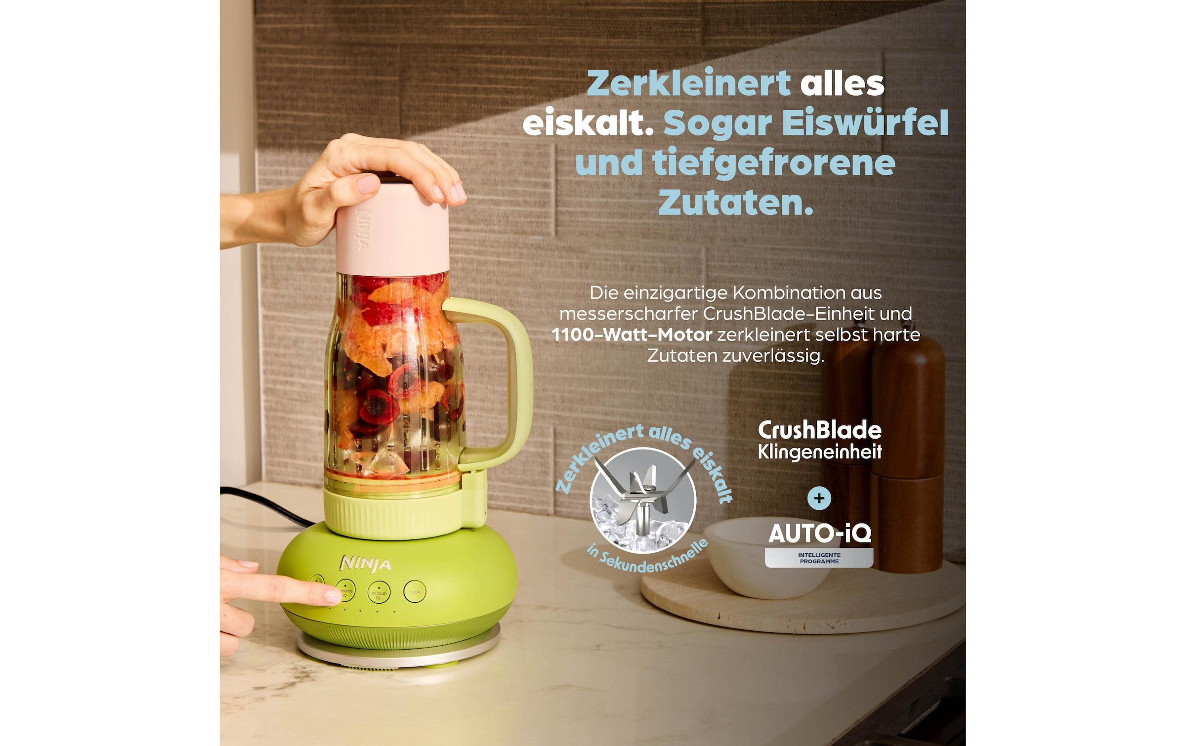 NINJA Zerkleinerer »BlendBoss To-Go-Becher-Mixer - stone/mint DB351EUST« 1100 W Auto-iQ-Technologie, Zerkleinert alles eiskalt-  sogar  tiefgefrorenes