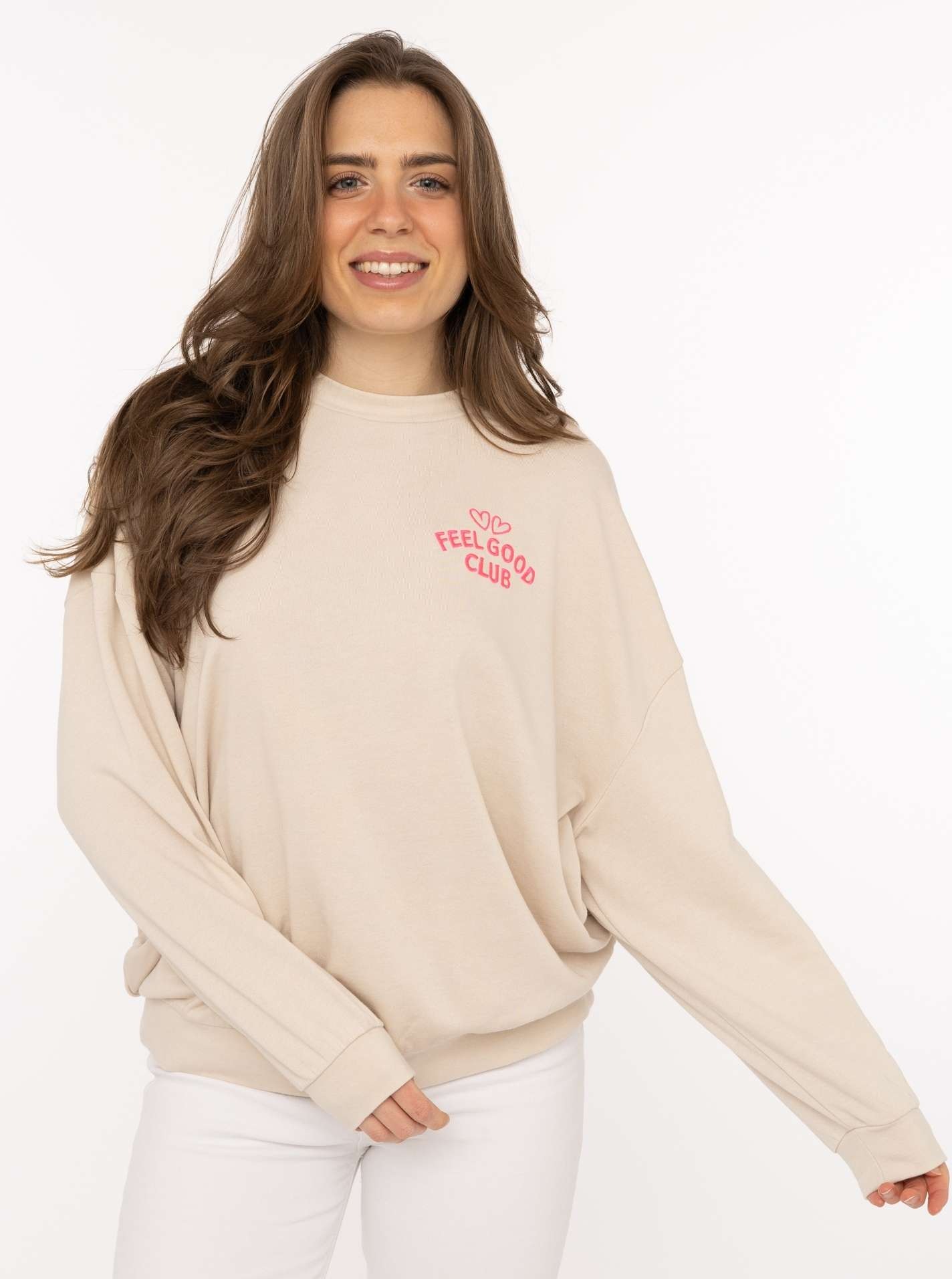 Image of Zwillingsherz Sweatshirt ""Feel Good Club"", Rundhals, kleine Stickerei vorne