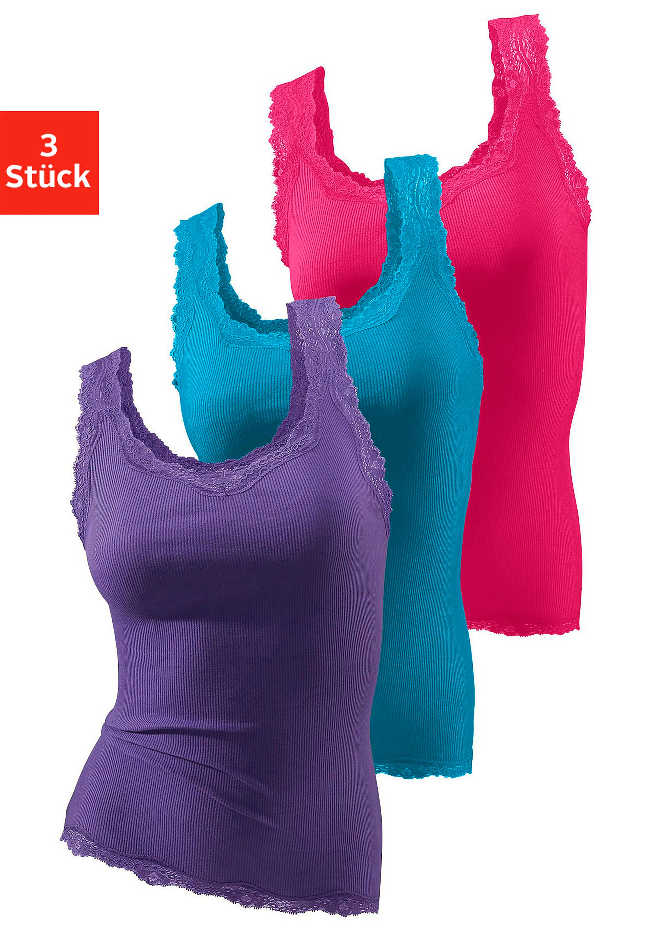 H.I.S Tanktop "mit Spitze" 3er-Pack, aus reiner Baumwolle, Feinripp, sommerlich leicht