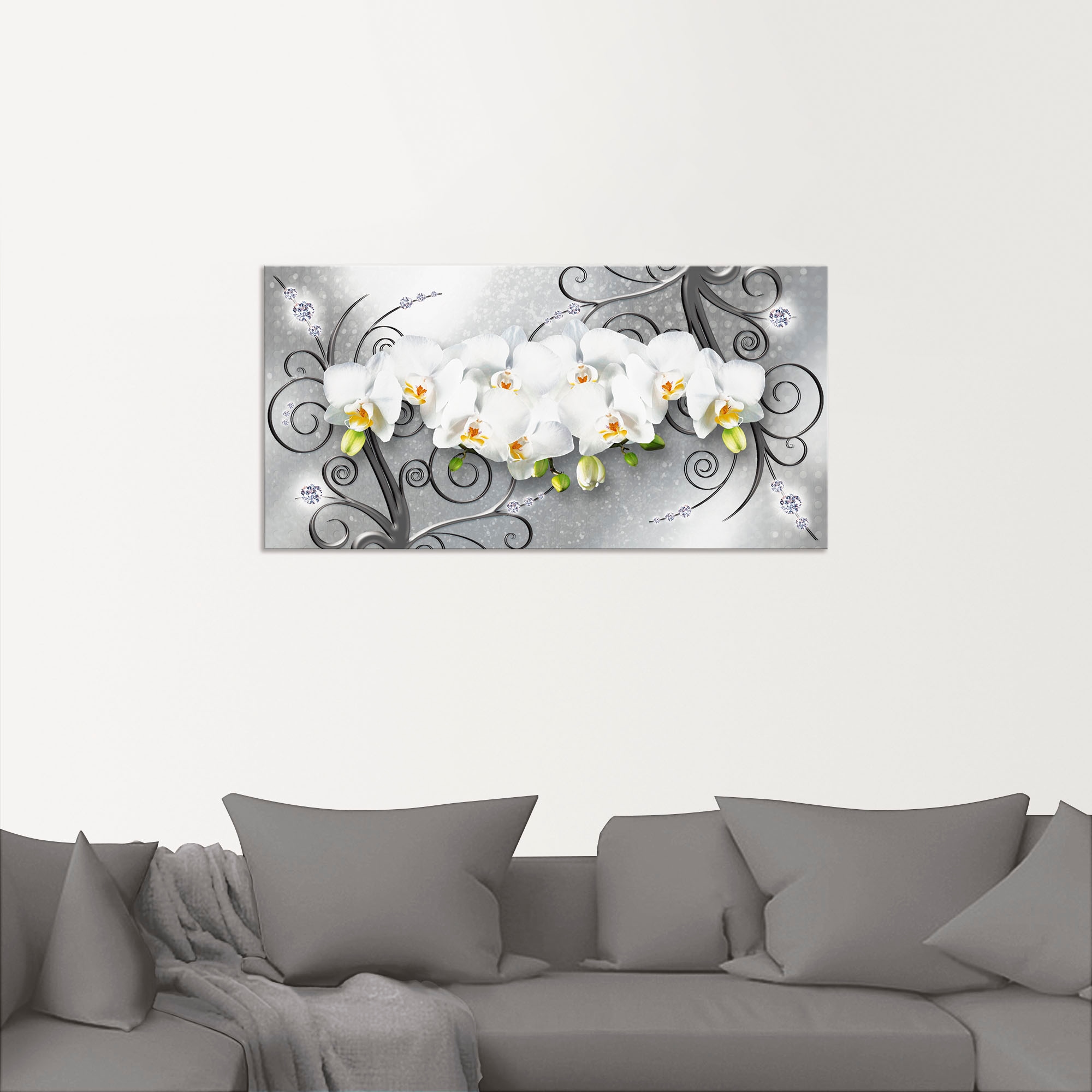 Artland Wandbild »weisse Orchideen auf Ornamenten«, Blumenbilder, (1 St.), als Alubild, Outdoorbild, Leinwandbild, Poster, Wandaufkleber
