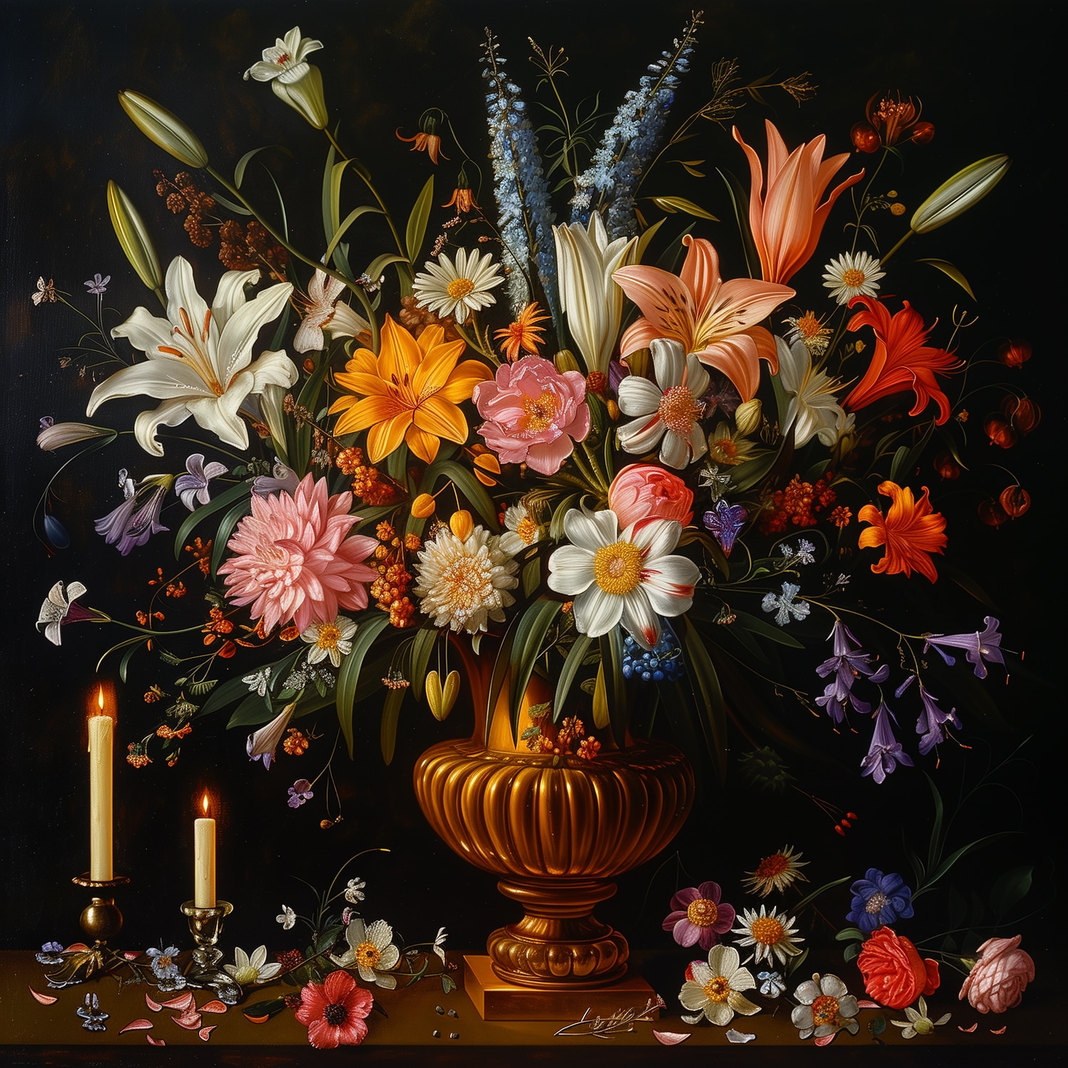 queence Leinwandbild »Blumenstrauss und Kerzen« Blumen | Blumenbilder | Gemälde | Kunst | Pflanzen | Pflanzenbilder | Romantisch | Stillleben | Vasen | Vasen & Töpfe 1 Stk. tlg. Premium-Leinwandstoff, Handarbeit aus Deutschland