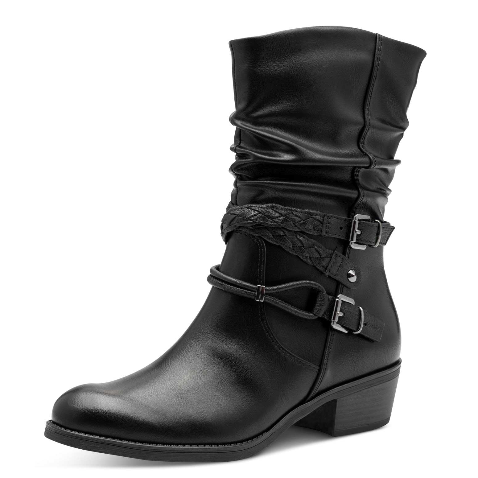 Marco Tozzi, Unisex, MARCO TOZZI , Blockabsatz, Kurzstiefel, Westernstiefelette mit Flecht-Zierriemchen, schwarz, 37, Mit gerafftem Schaft im slouchy 