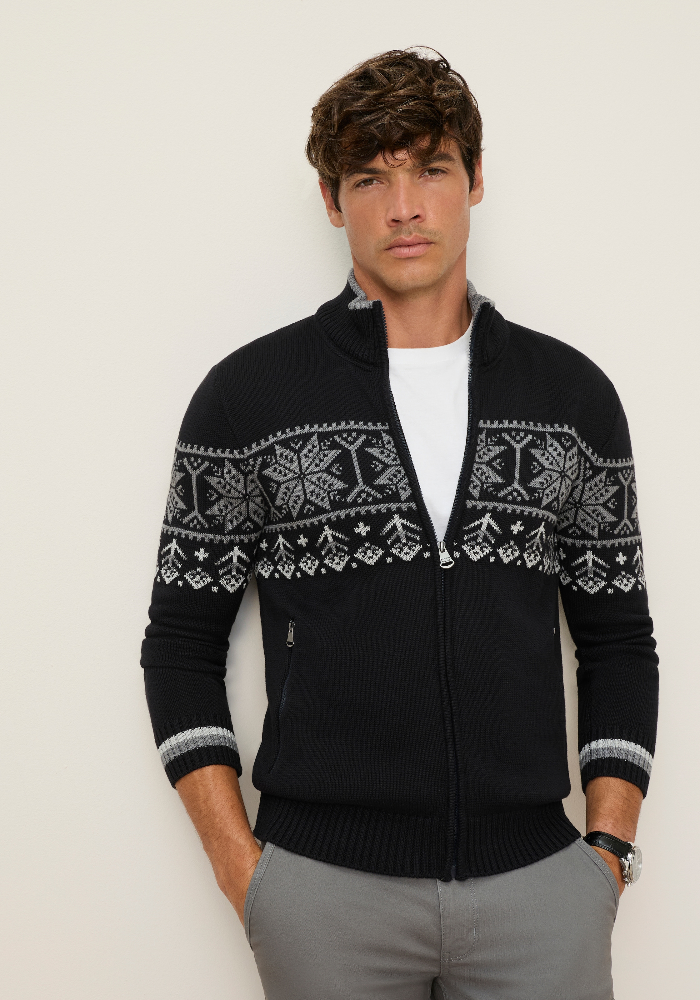 Image of Mans World Jacquardstrickjacke "Neue Kollektion Highlight Norweger Muster" mit Reissverschluss, mit Rippbündchen an Ärmeln und Saum