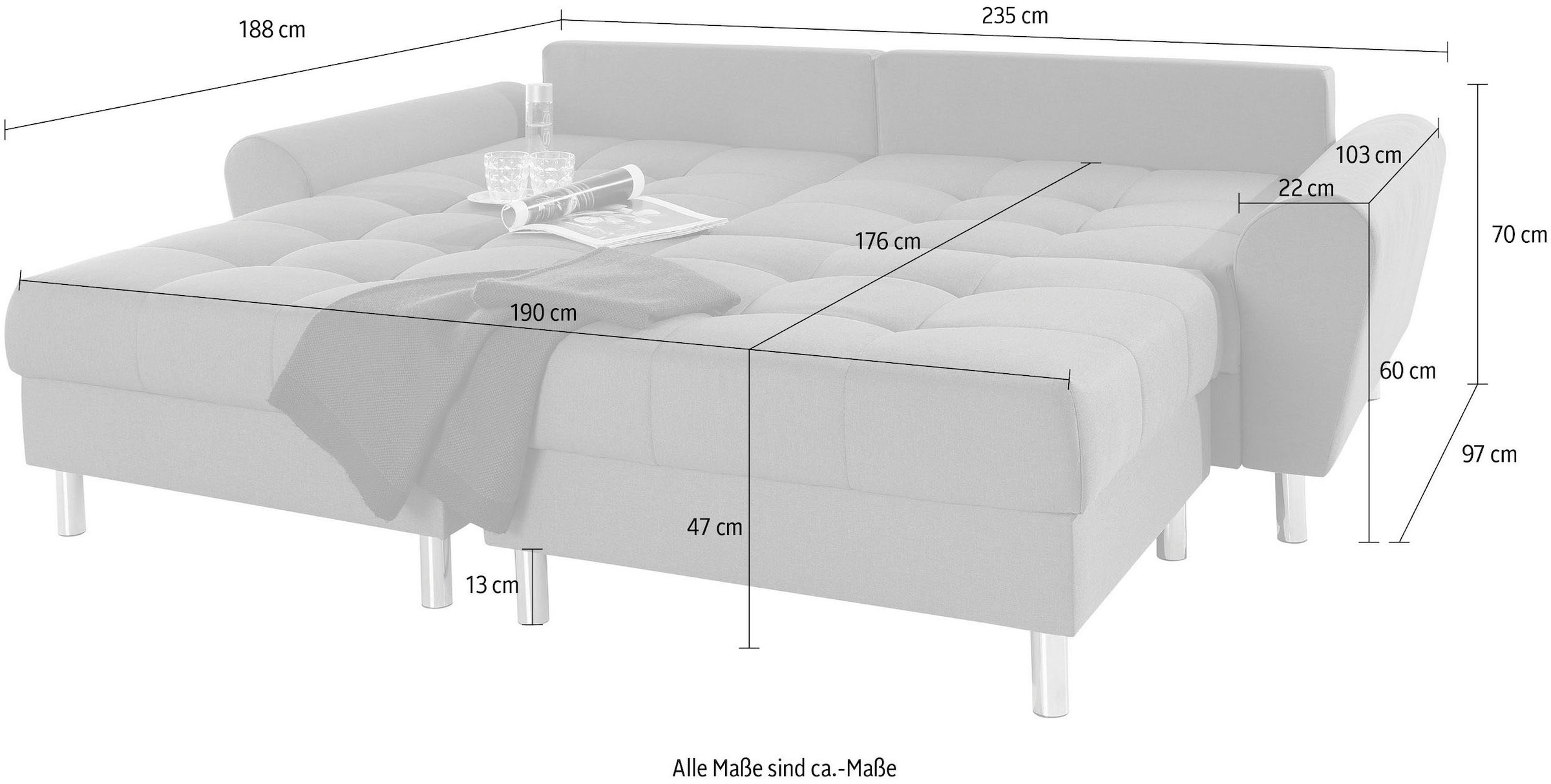 COLLECTION AB Ecksofa »Rada L-Form«, inklusive Hocker, Bettfunktion und Federkern