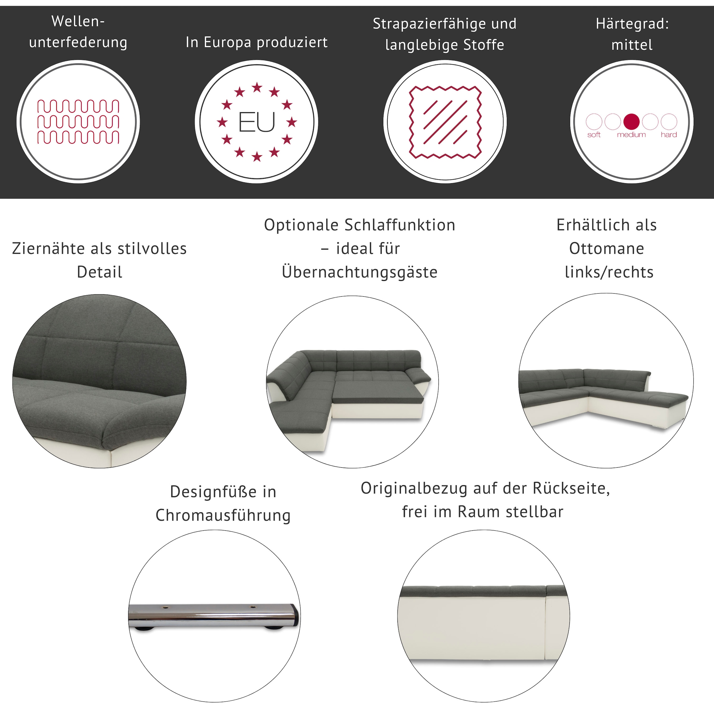 DOMO collection Ecksofa »Splash, aktuelle Sitz- und Rückensteppung, Materialmix, L-Form« wahlweise mit Bettfunktion