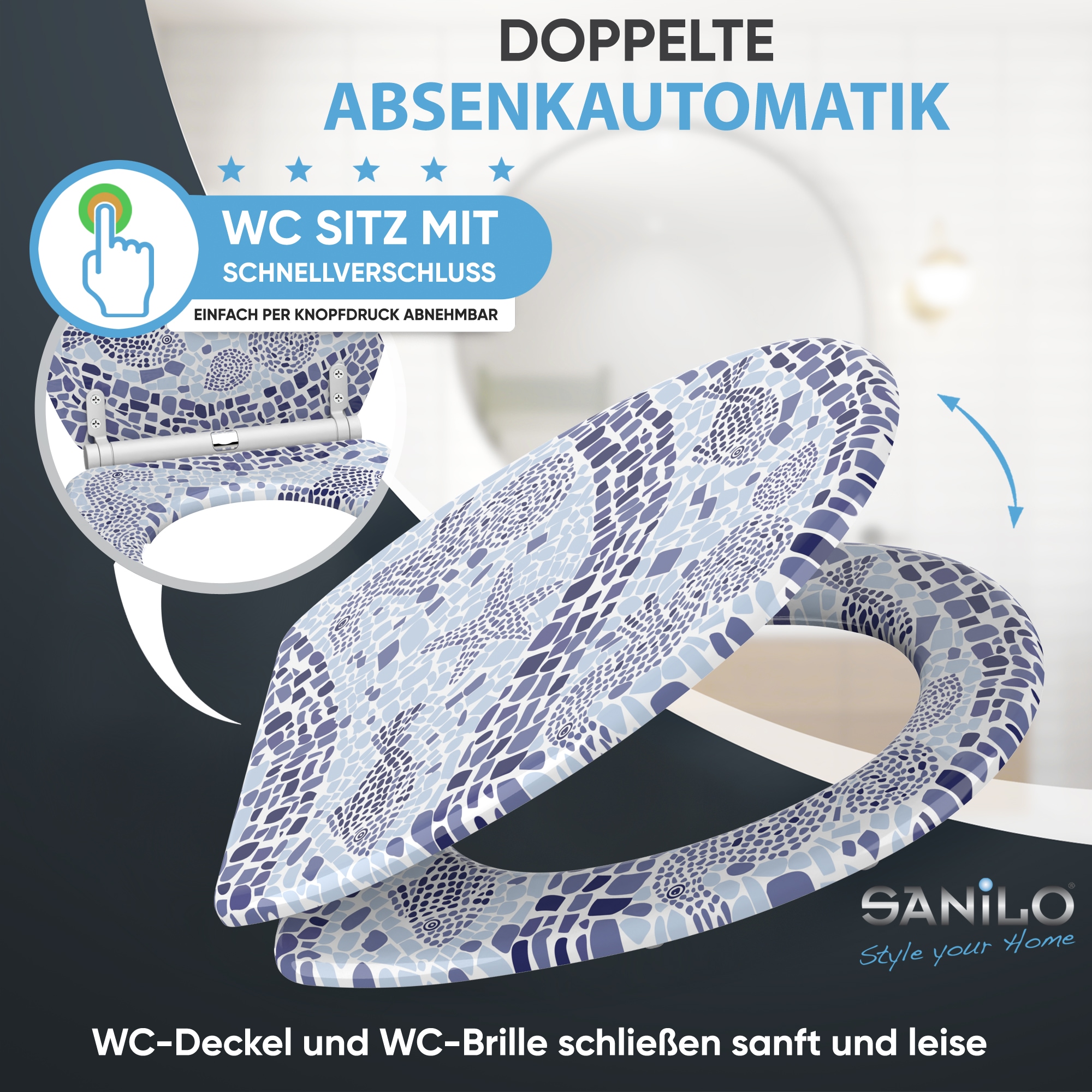 Sanilo WC-Sitz »Mosaic World mit Absenkautomatik & Quick Release« Premium Toilettendeckel, abnehmbar, leichte Montage von oben