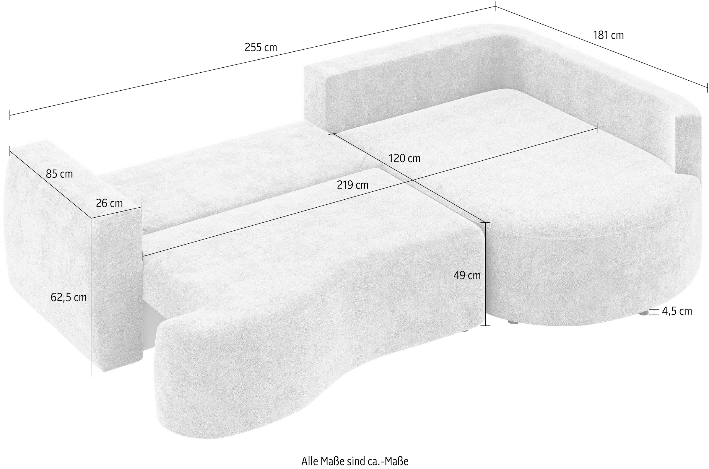 INOSIGN Ecksofa »Kahekili, Schlafsofa mit Bettkasten, Masse B/T/H: 255/181/90/ cm«, L-Form mit Wellenunterfederung, 7 Rückenkissen und 2 Zierkissen
