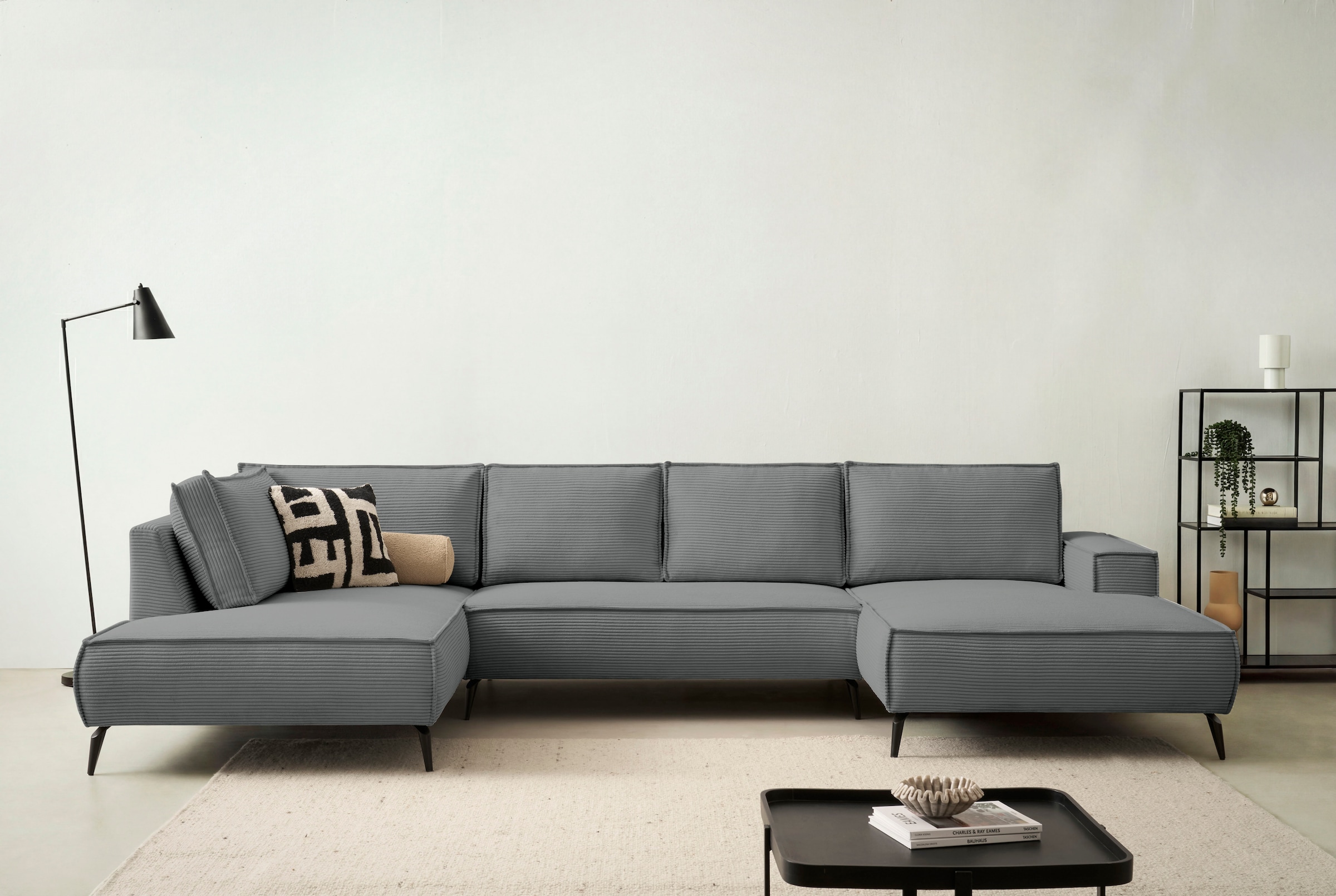 Image of Home affaire Wohnlandschaft "TVINNU, moderne U-Form, Couch in Cord oder Webstoff in Leinenoptik" Recamiere rechts/links, schwarze Metallfüsse, bequeme Sitz-/Liegefläche
