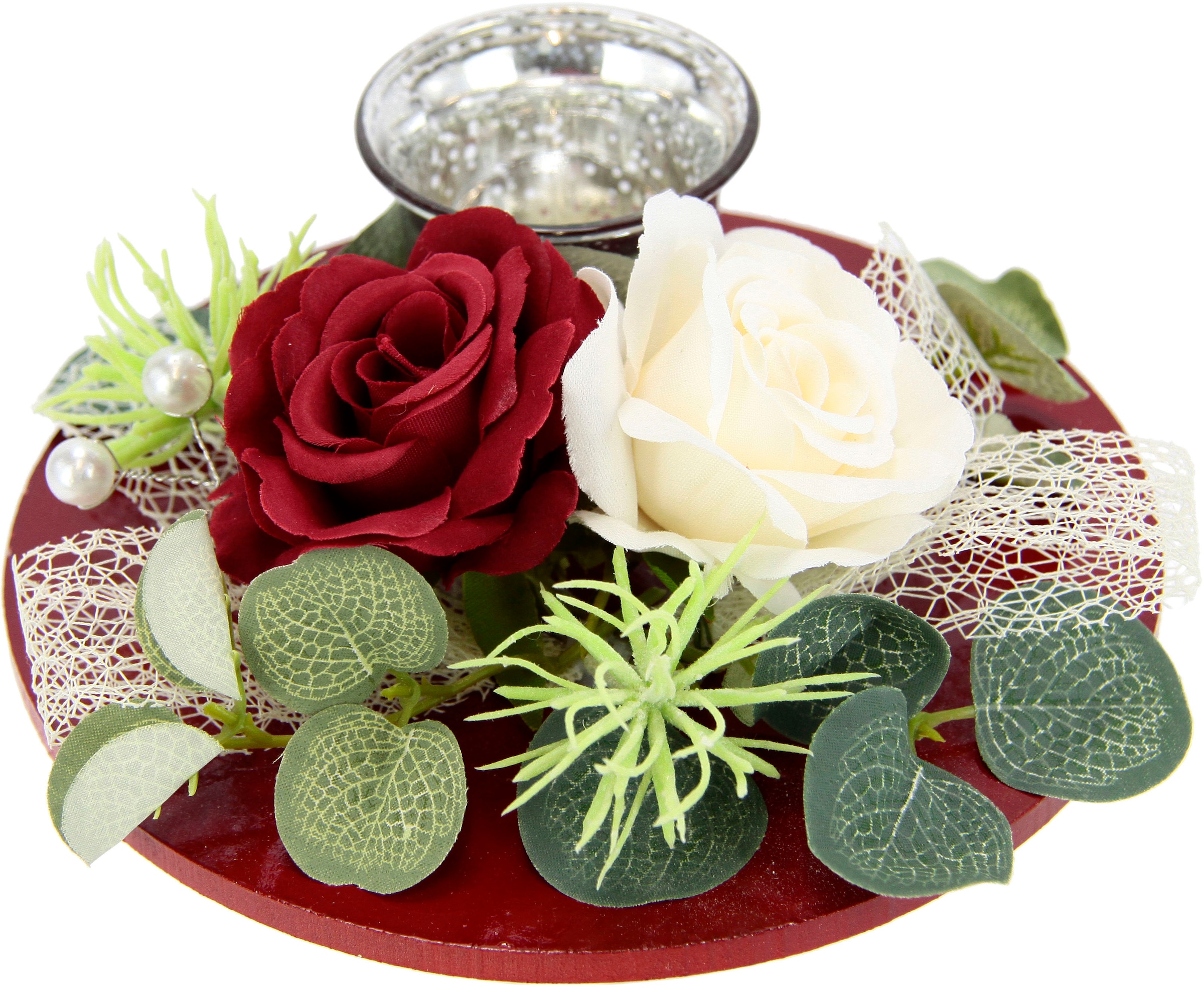 Teelichthalter »Mit Glaseinsatz und Teelichtkerze, künstlichen Rosen Eukalyptus«, (1...
