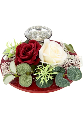 Teelichthalter »Mit Glaseinsatz und Teelichtkerze, künstlichen Rosen Eukalyptus«, (1 St.)