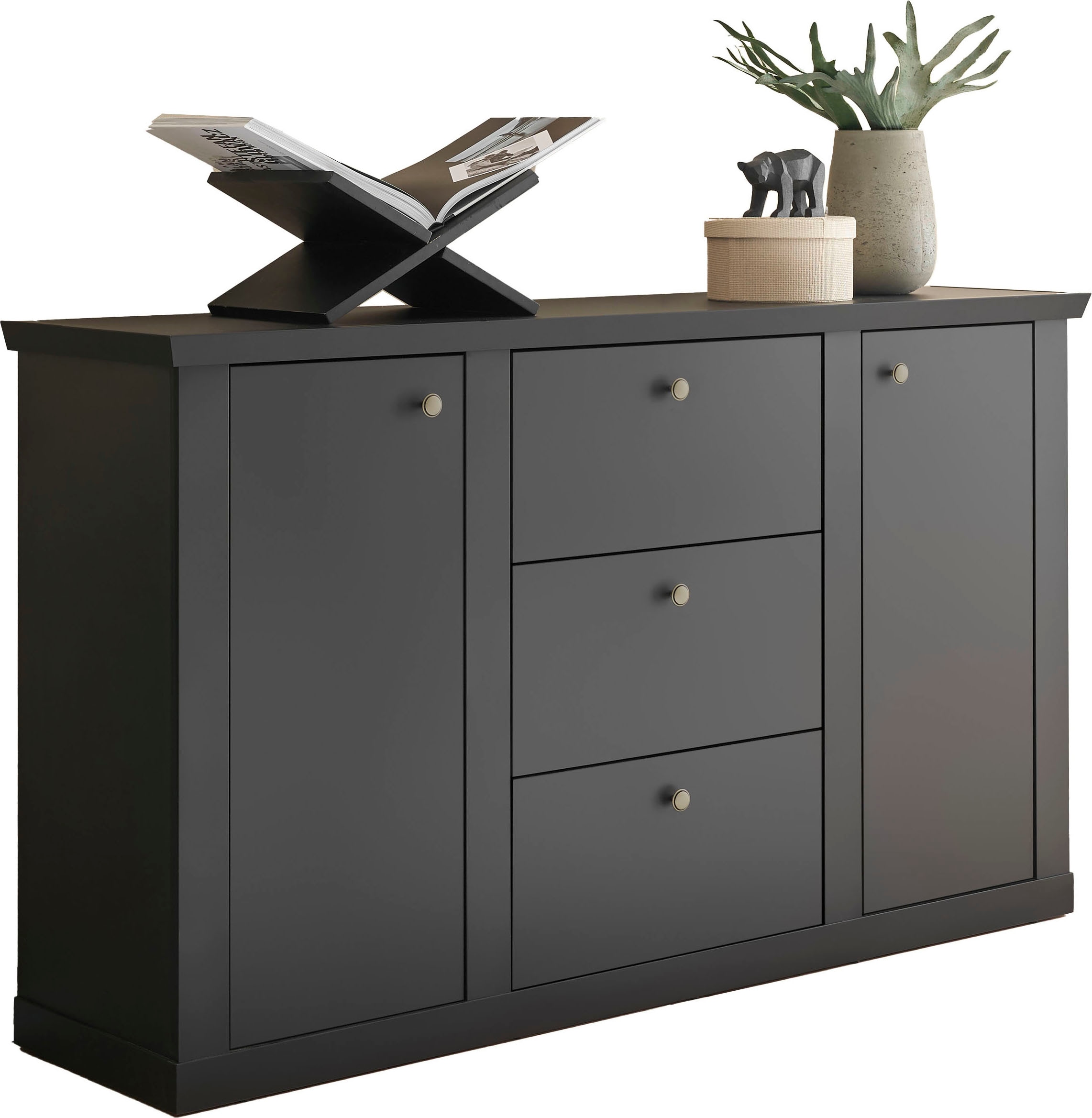 Home affaire Sideboard »Lincoln, moderner Schrank, schwarze Kommode, 158 cm breit« edles Design, messingfarbene Knopfgriffe, in 2 Grössen verfügbar