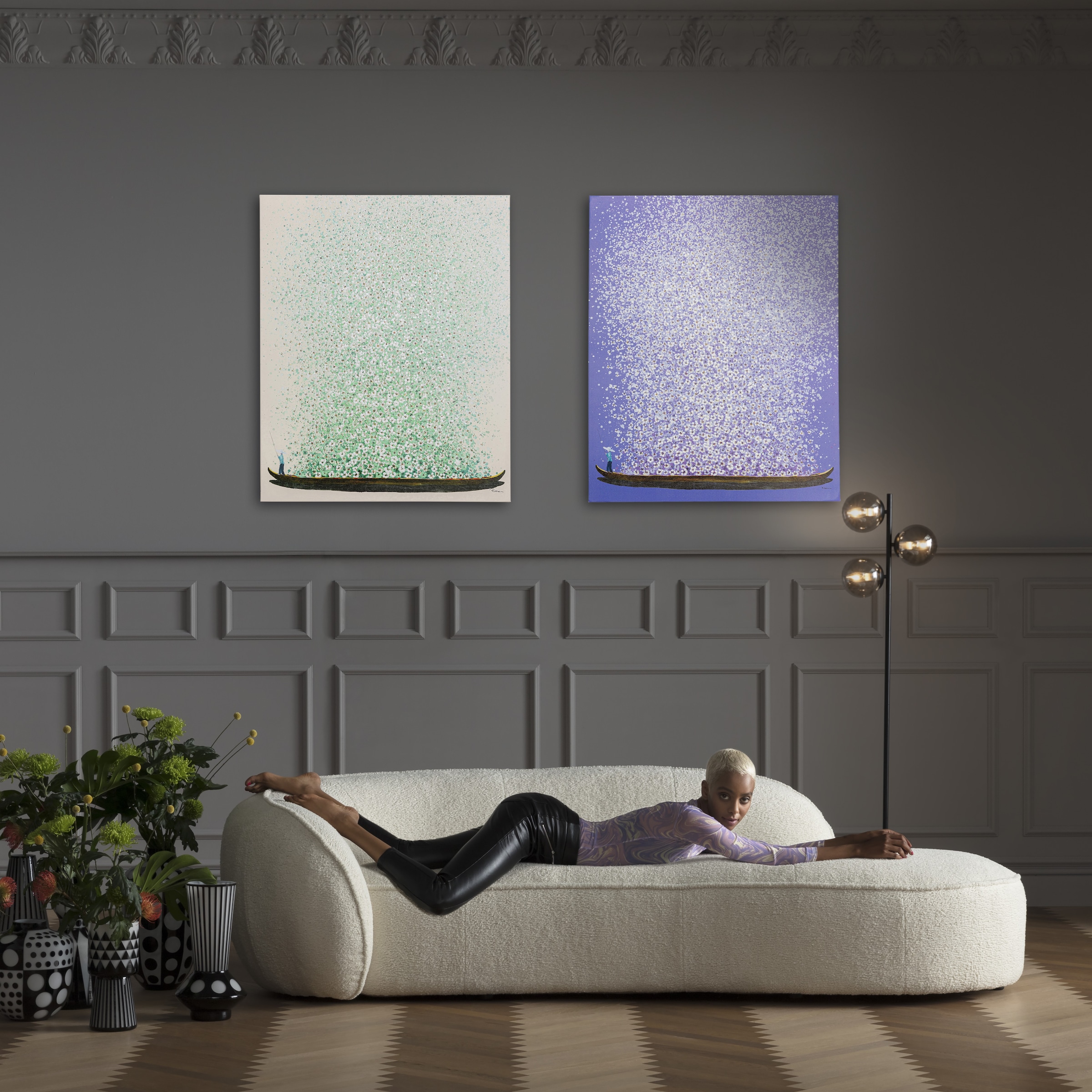 Kare Design Tableau sur toile »Leinwandbild Flower Boat Beige Grün 80«