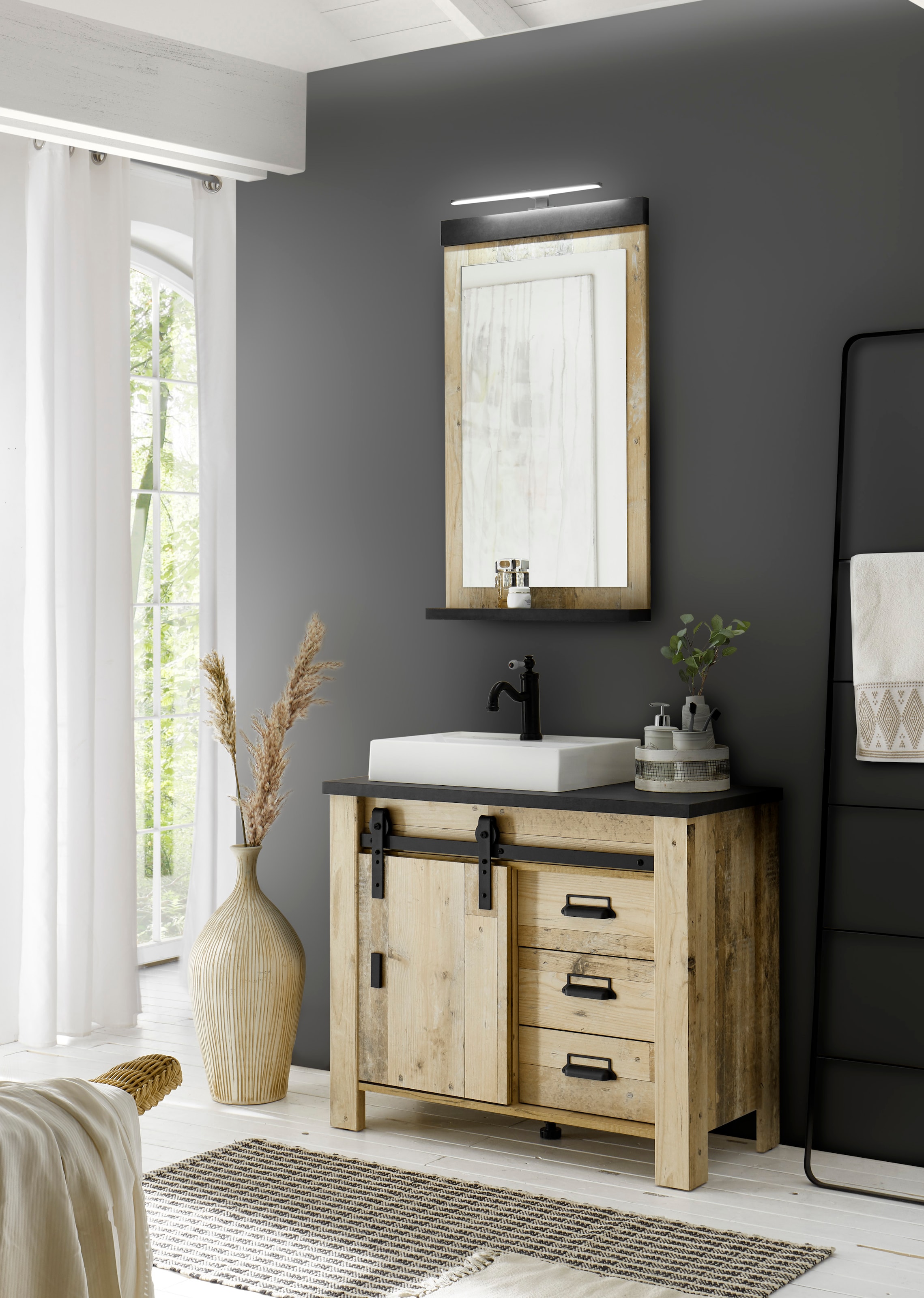 Home affaire Badmöbel-Set »SHERWOOD, Bad im modernen Design, 2-teiliges Badezimmer«, (2 St.), in 2 Farben verfügbar, Scheunentorbeschlag & Apothekergriff aus Metall