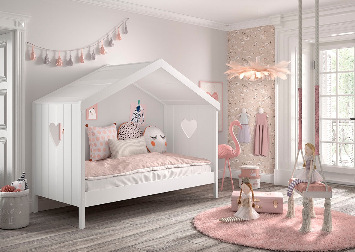 Vipack Hausbett »Amori, inkl. Dach, Rückseitig offen, mit Rolllattenrost« B/H/T ca. 213x171,7x98,7cm, verspielte Herz-Ausschnitte seitlich,  Liegefläche 90 x 200 cm, ein Highlight im Kinderzimmer, weiss lackiert