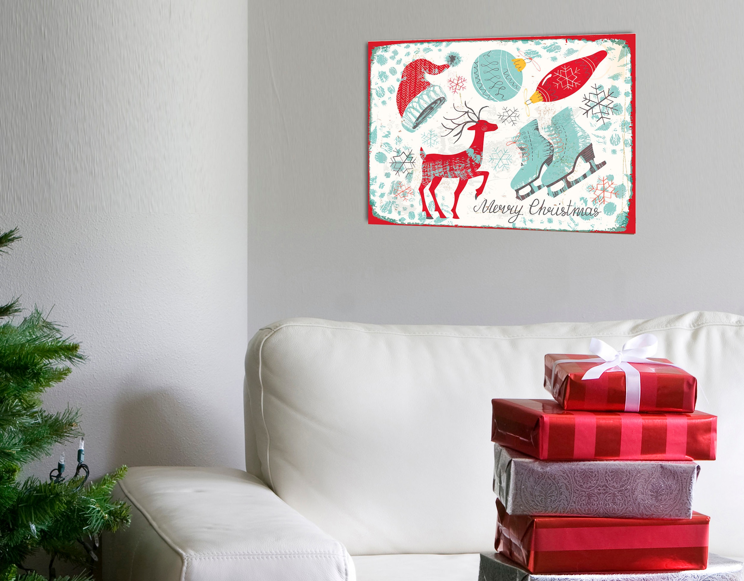 queence Metallbild »Christmas Essentials«, Weihnachten-Weihnachtsbaumkugel-Schriftzug-Schriftzüge-Hirsch, (1 St.), Stahlschilder