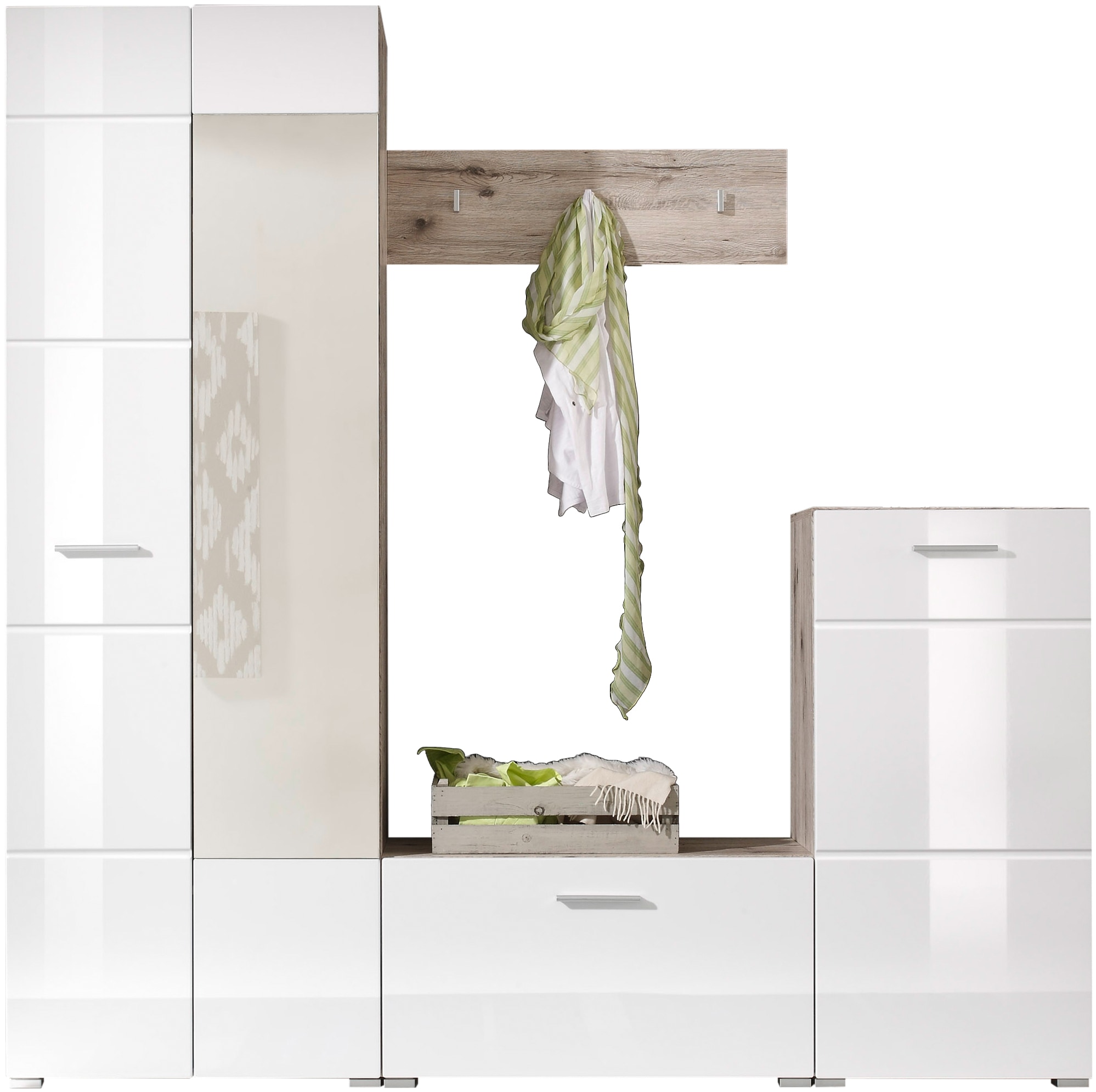 Image of HBZ Kompaktgarderobe "SIXX Weiss Hochglanz, Flurgarderobe mit Spiegel, BxHxT 195x195x36 cm" 1 Stk. tlg. Mit Hochschrank mit Spiegel, Bank, Paneel und Kommode