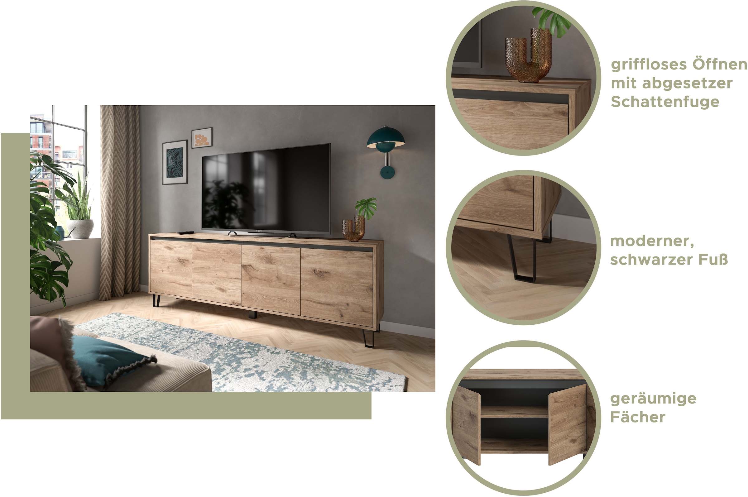 Home affaire Lowboard »BALTIC, Breite 184cm, grifflose Fronten, Metall-Füsse,4 Türen, 4 Fächer« TV-Möbel, TV-Schrank, TV-Lowboard, Mediaboard