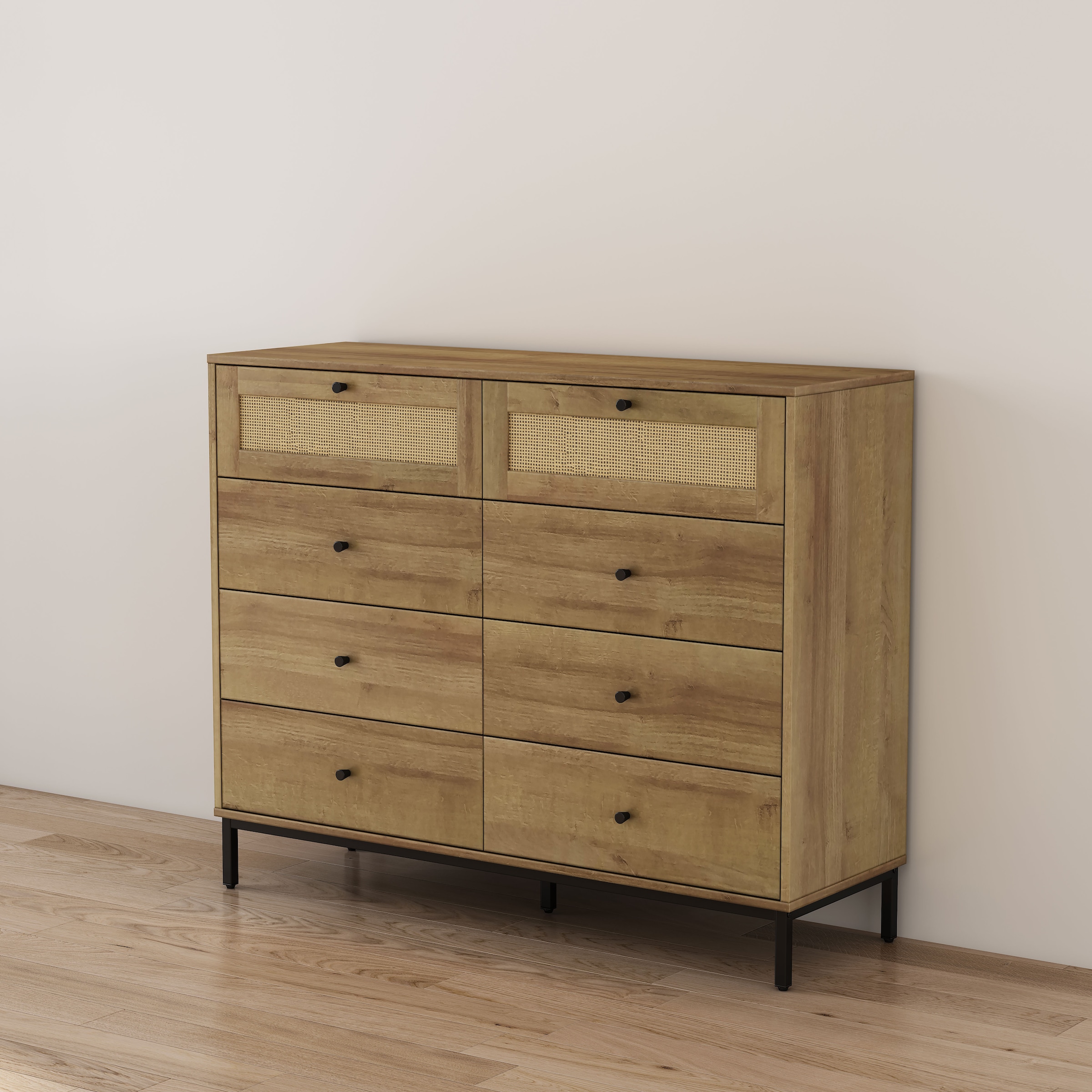 GOODproduct Kombikommode »Motala Wäsche Schrank mit 8 Schubladen Sideboard BOHO Design« Eichen-Design mit schwarzen Griffen und Geflecht Schubladen,  Kommode Schrank Wäscheschrank mit 8 Schubladen