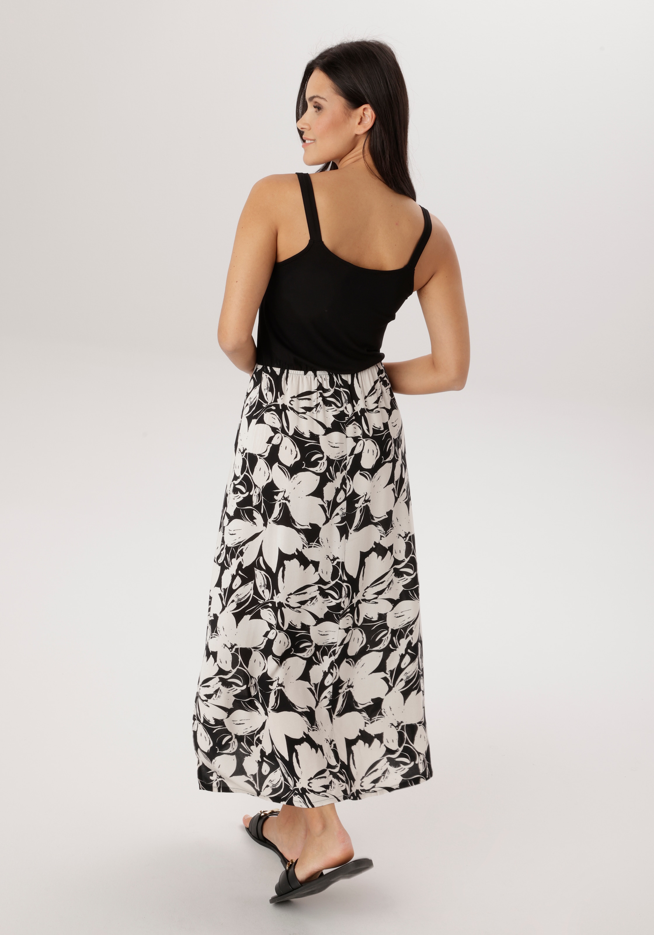 Aniston SELECTED Sommerkleid unifarbenes Shirtteil und geblümten Rockteil - NEUE KOLLEKTION