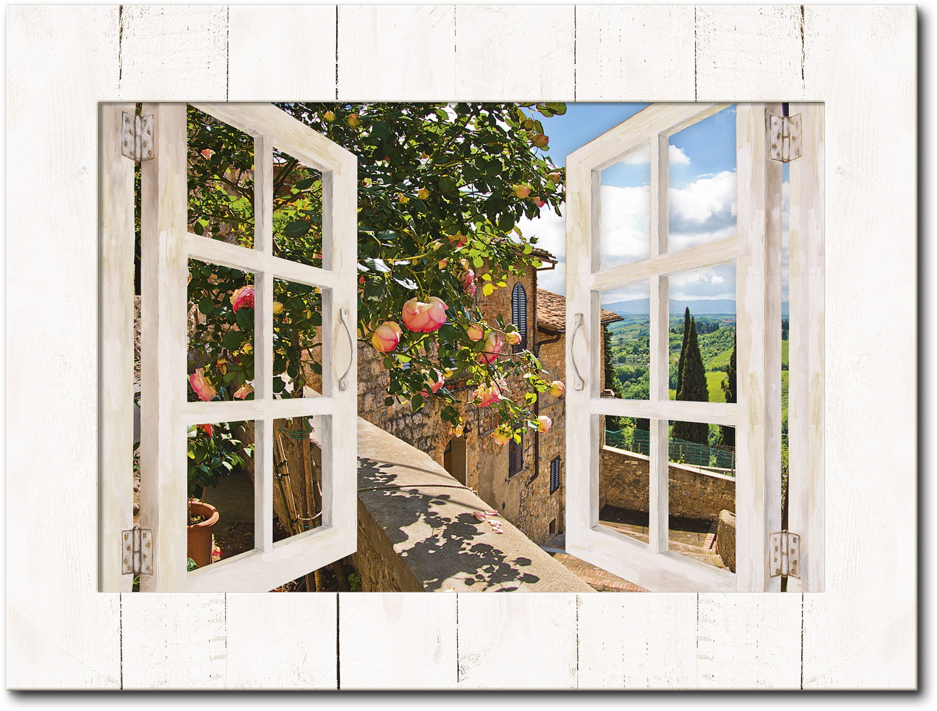 Image of Artland Wandbild »Fensterblick Rosen auf Balkon Toskana«, Garten, (1 St.) bei Ackermann Versand Schweiz
