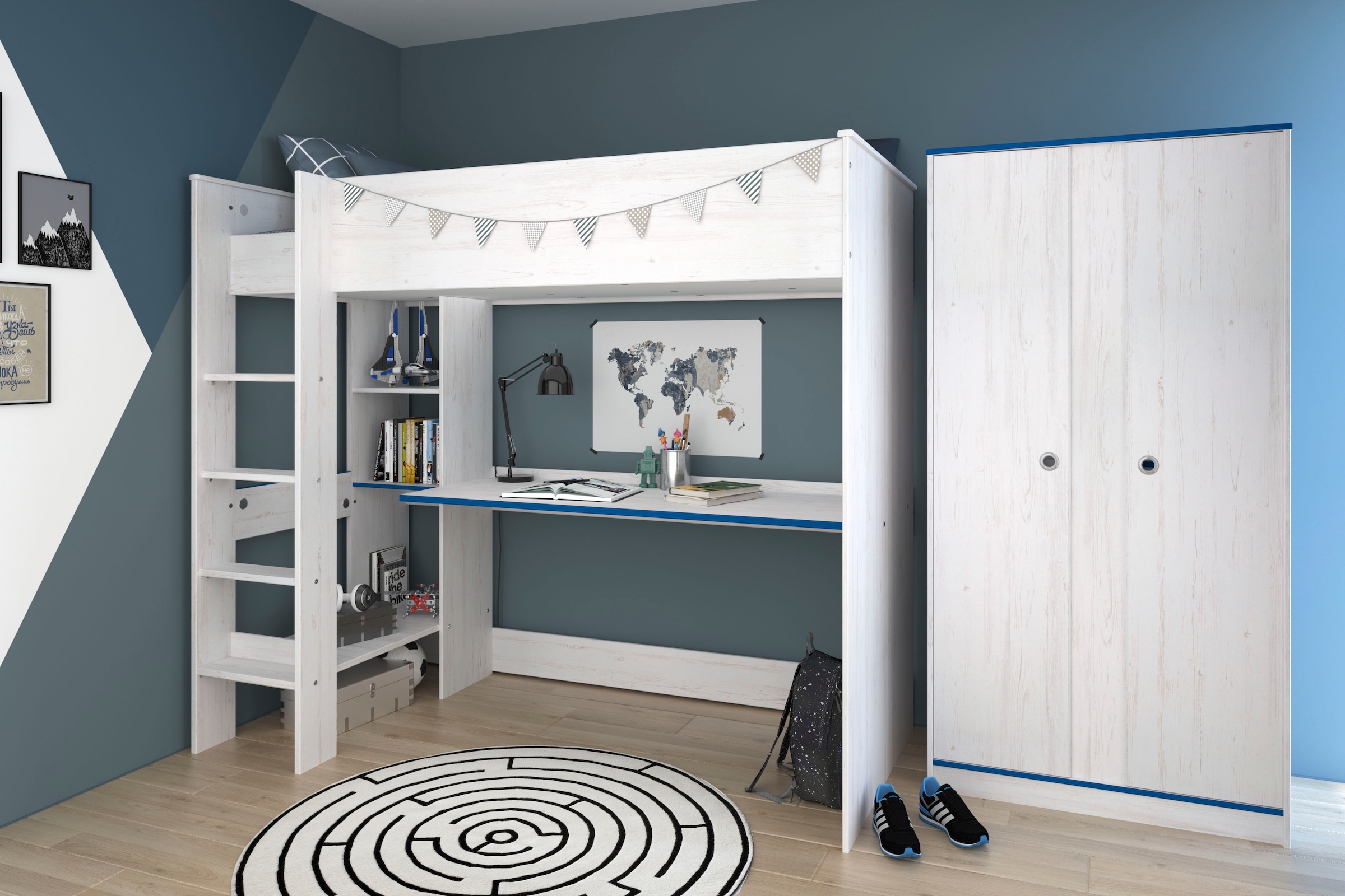Parisot Jugendzimmer-Set »Smoozy«, (Set, 2 tlg., Hochbett mit integr. Schreibtisch und Kleiderschrank)