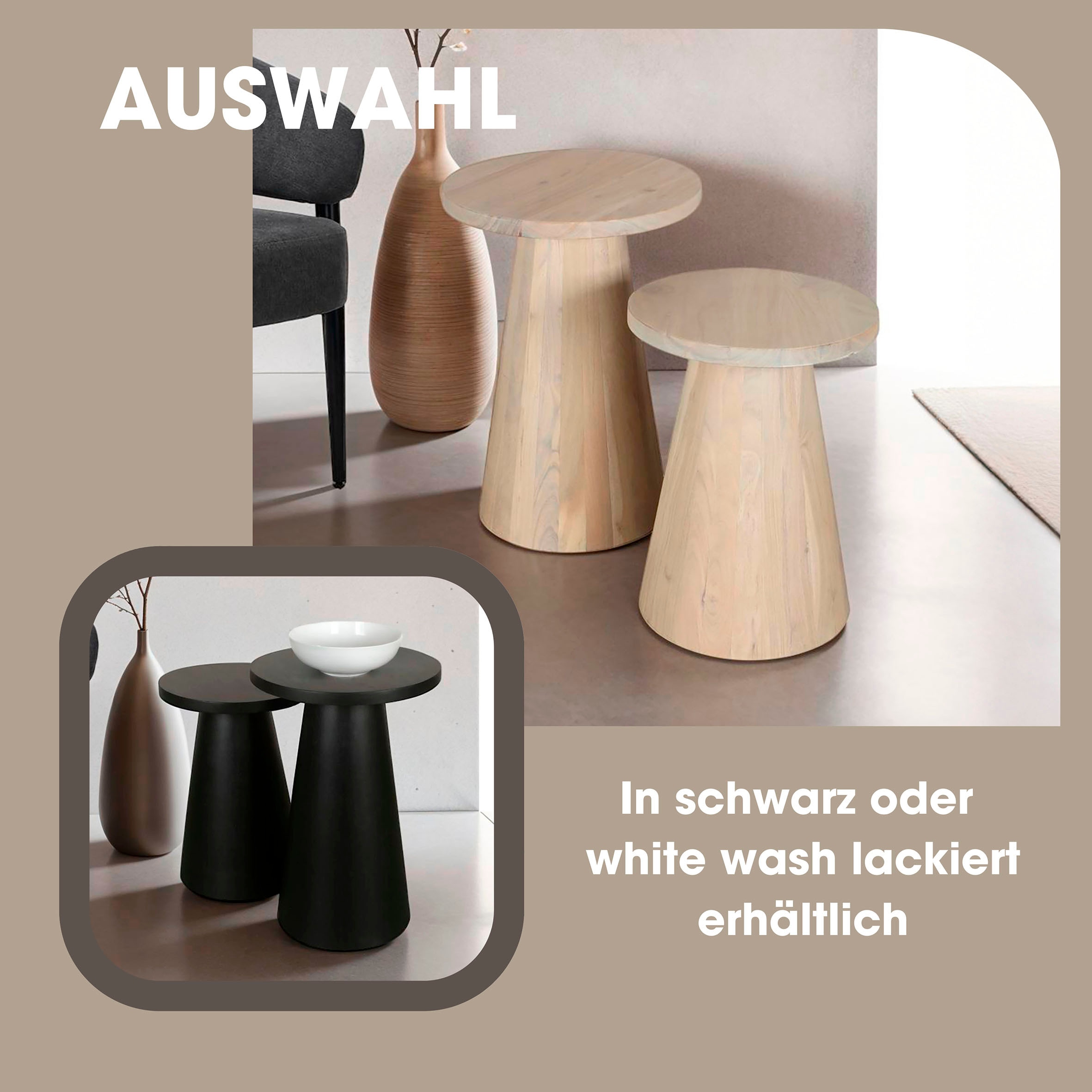 byLIVING Beistelltisch »Cone«, (Set), aus Massivholz in schwarz oder white wash, verschiedenen Grössen
