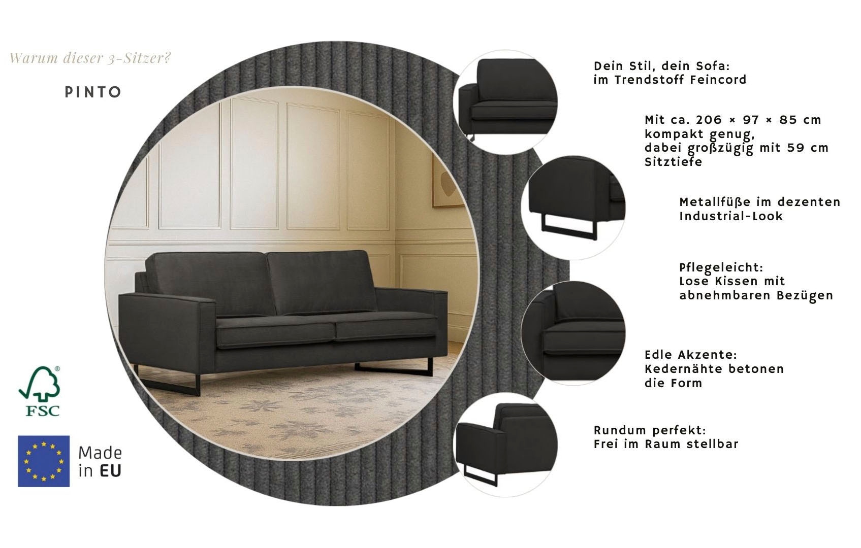 Home affaire 3-places »Pinto, 206 cm, Cord, Chenille, Lederoptik« mit Keder, schwarze Metallfüsse, Wellenunterfederung