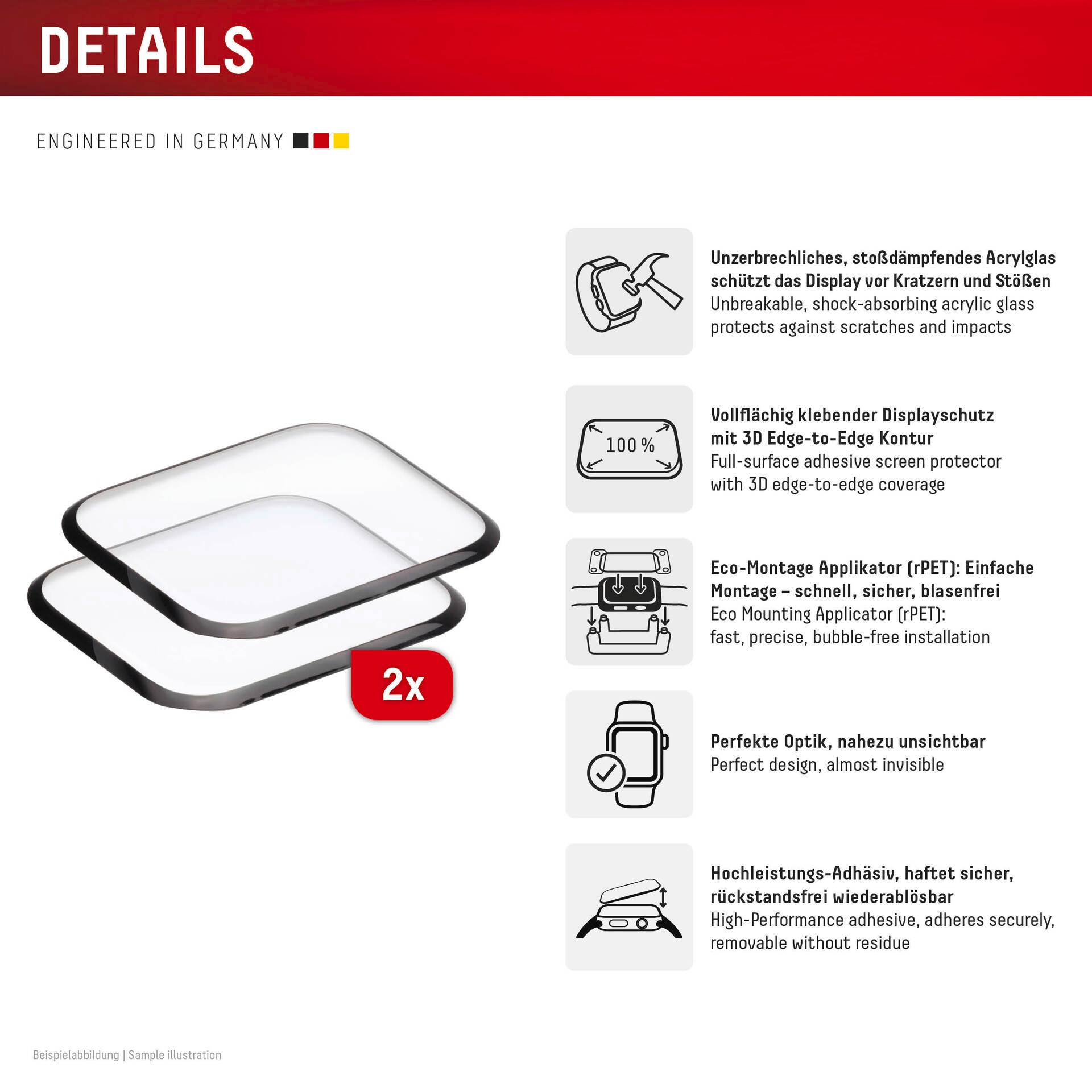 Displex Displayschutzglas »Smartwatch Glass Unbreakable Protector Full Cover«, für Apple Watch SE(2) 40 mm, (Packung, 2x Acrylglas Protector), Displayschutzfolie, Schutzfolie, Bildschirmschutz, kratz- & stossfest
