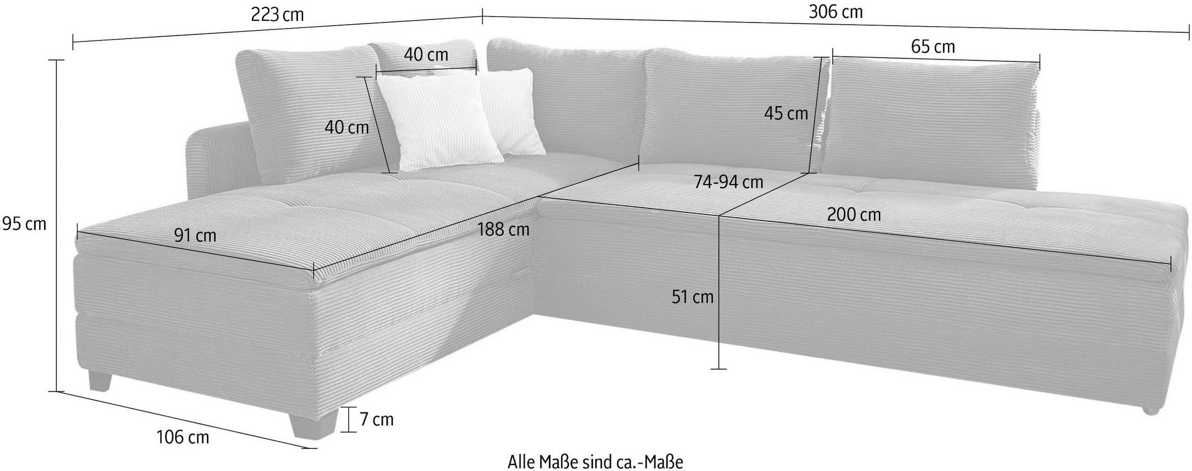 Jockenhöfer Gruppe Ecksofa »Madrid L-Form, B: 306 cm, Liegefl. 180x200 cm, Dauerschläfer« mit Bettfuntkion, Bettkasten, Topper & Regal, Boxspringbettaufbau