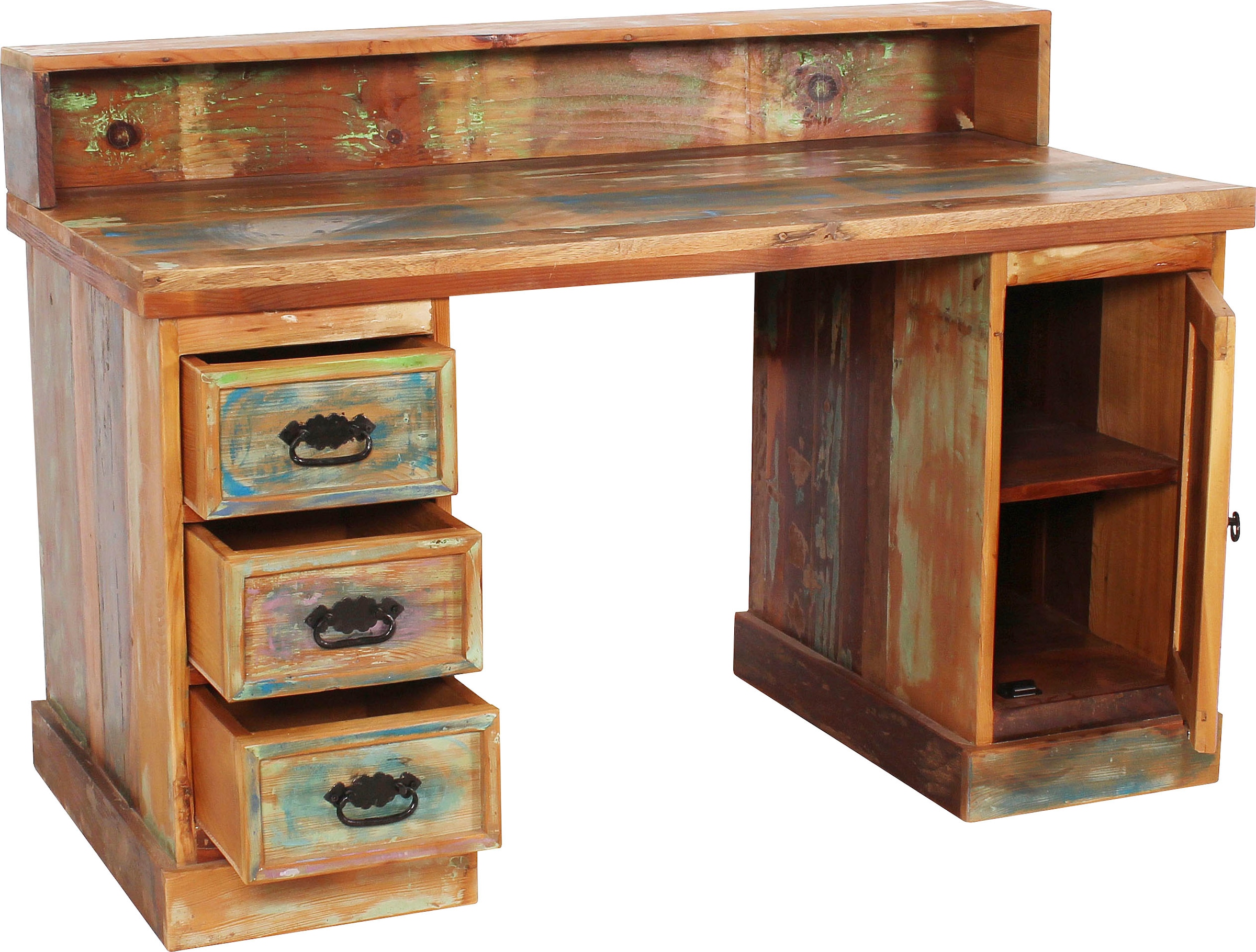 SIT Schreibtisch »Otranto aus Altholz mit 3 Schubladen und 1 Tür im Used Look« Bunt lackiertes Altholz mit authentischem Vintage-Used-Look