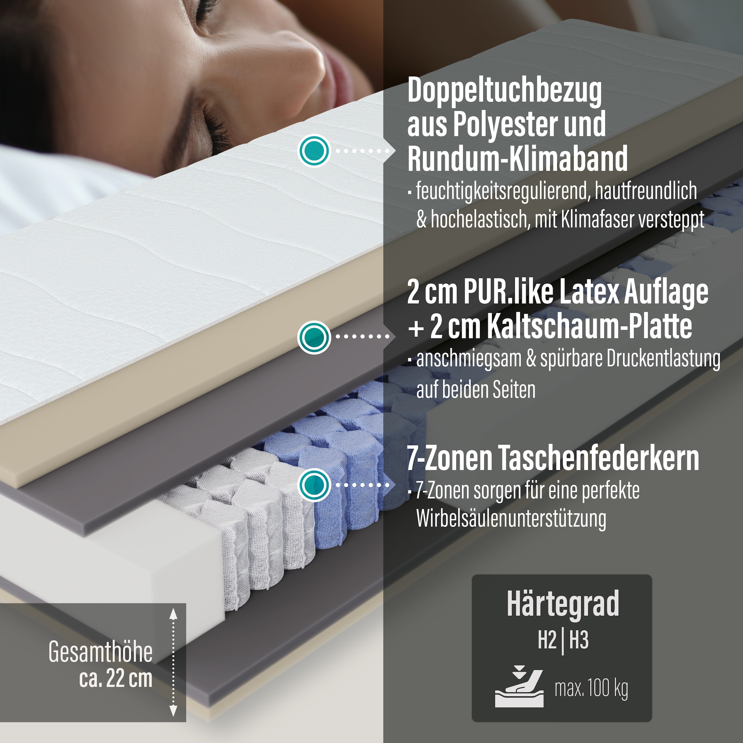 Beco Matelas à ressorts ensachés »Feel Like Latex TWIN - GOLD, Matratze 90x200 cm, 140x200 cm und mehr« 22 cm hoch 500 Federn 1 cuis tlg. matelas hybride premium pour un confort de sommeil optimal, respirant