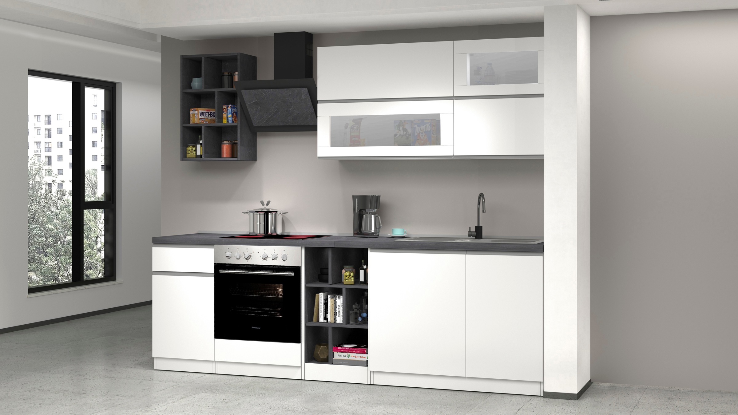 KOCHSTATION Kitchenette »KS-Sole« Breite 256 cm, Hängeschränke mit Milchglas, ohne E-Geräte