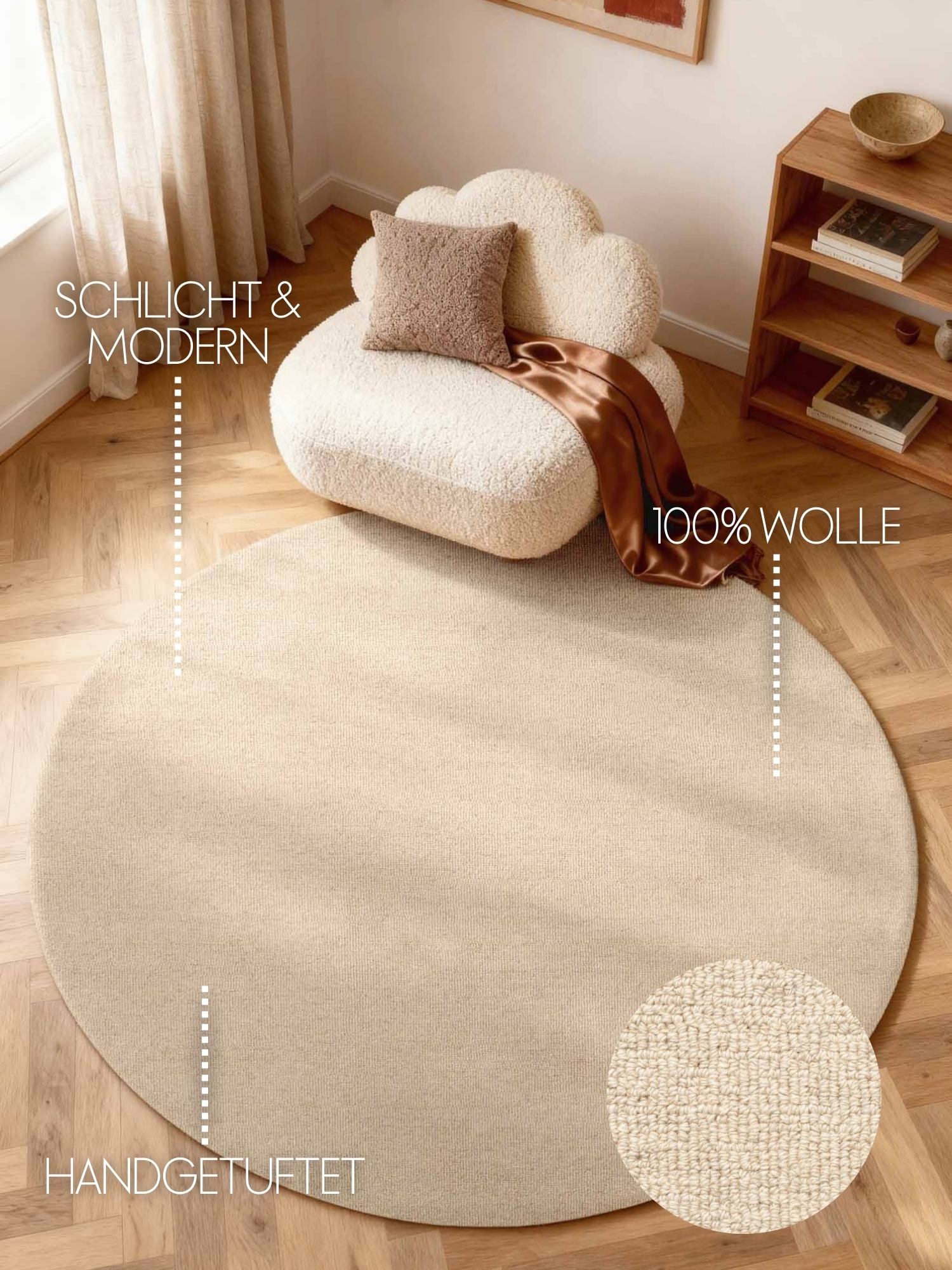 ELLE DECORATION Wollteppich »Knots« rund 13 mm Höhe Handtuft, Wolle, Rund, Feines Bouclé, Wohnzimmer, Schlafzimmer, Natur