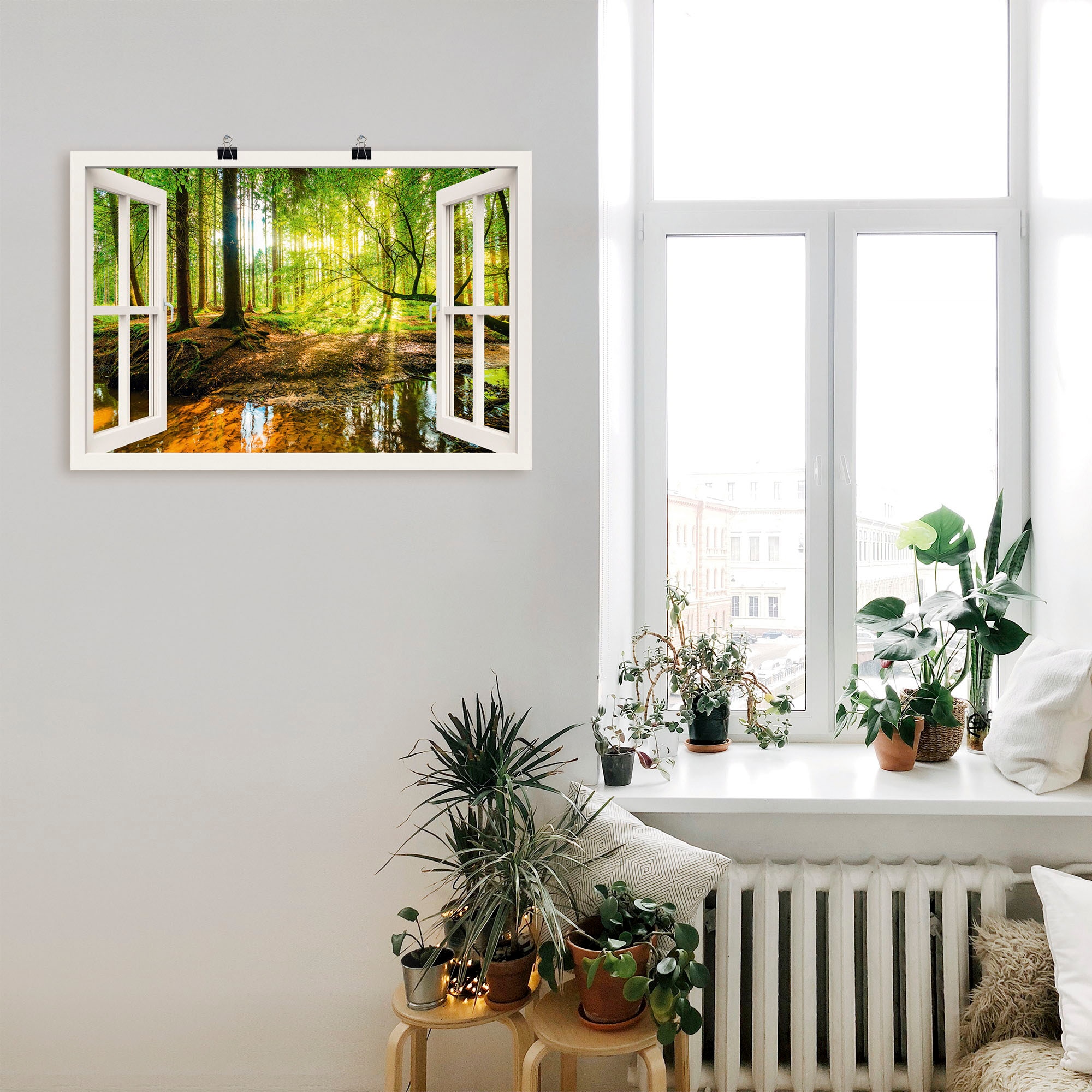 Artland Wandbild »Fensterblick - Wald mit Bach« Wald 1 Stk. tlg. als Leinwandbild, Poster in verschied. Grössen