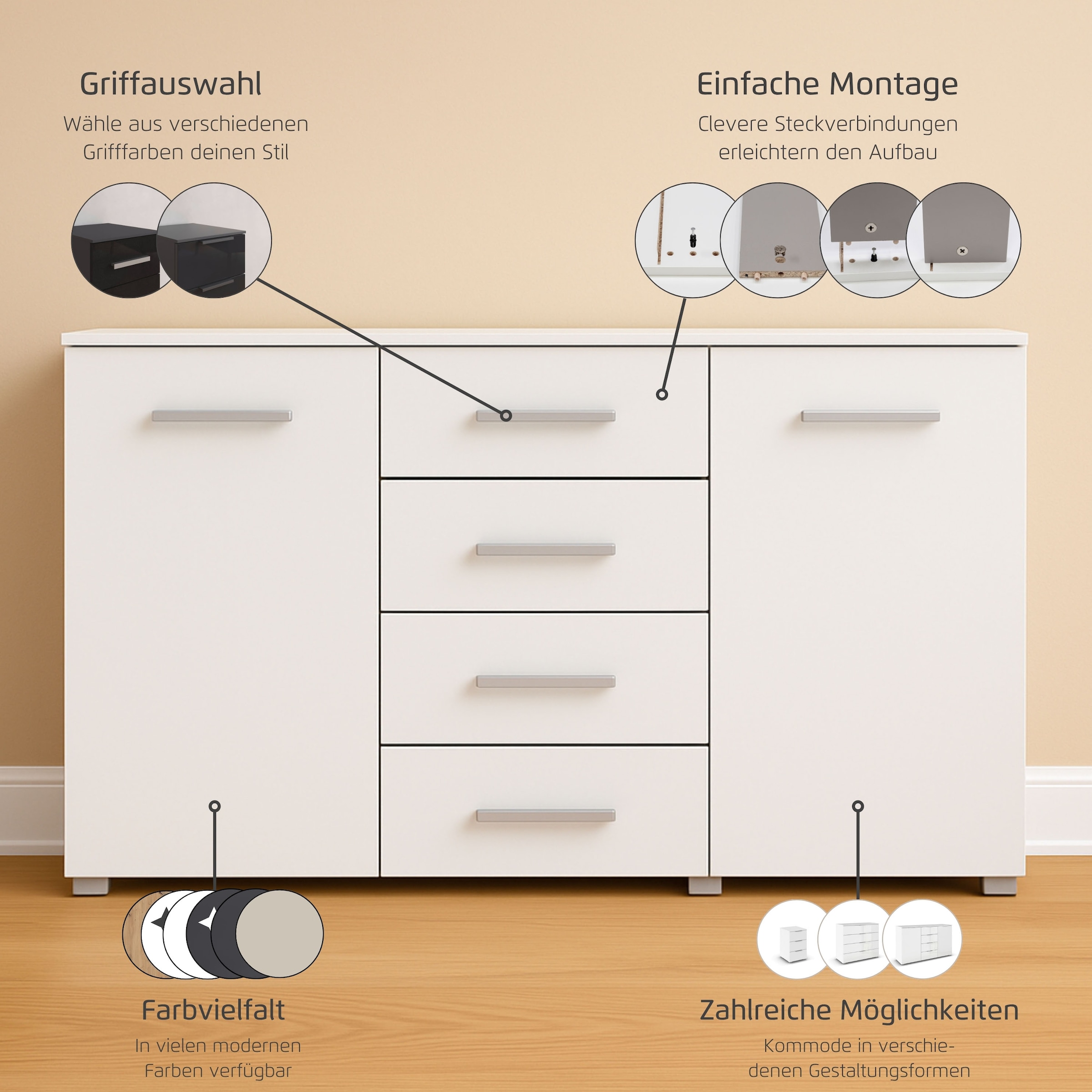 rauch Schubkastenkommode »Sideboard Kommode Kombikommode KOLUNA mit Glasfront« Breite 120 cm mit hochwertiger Glasfront,  vier grosse Schubladen, mit insgesamt 4 Einlegeböden MADE IN GERMANY