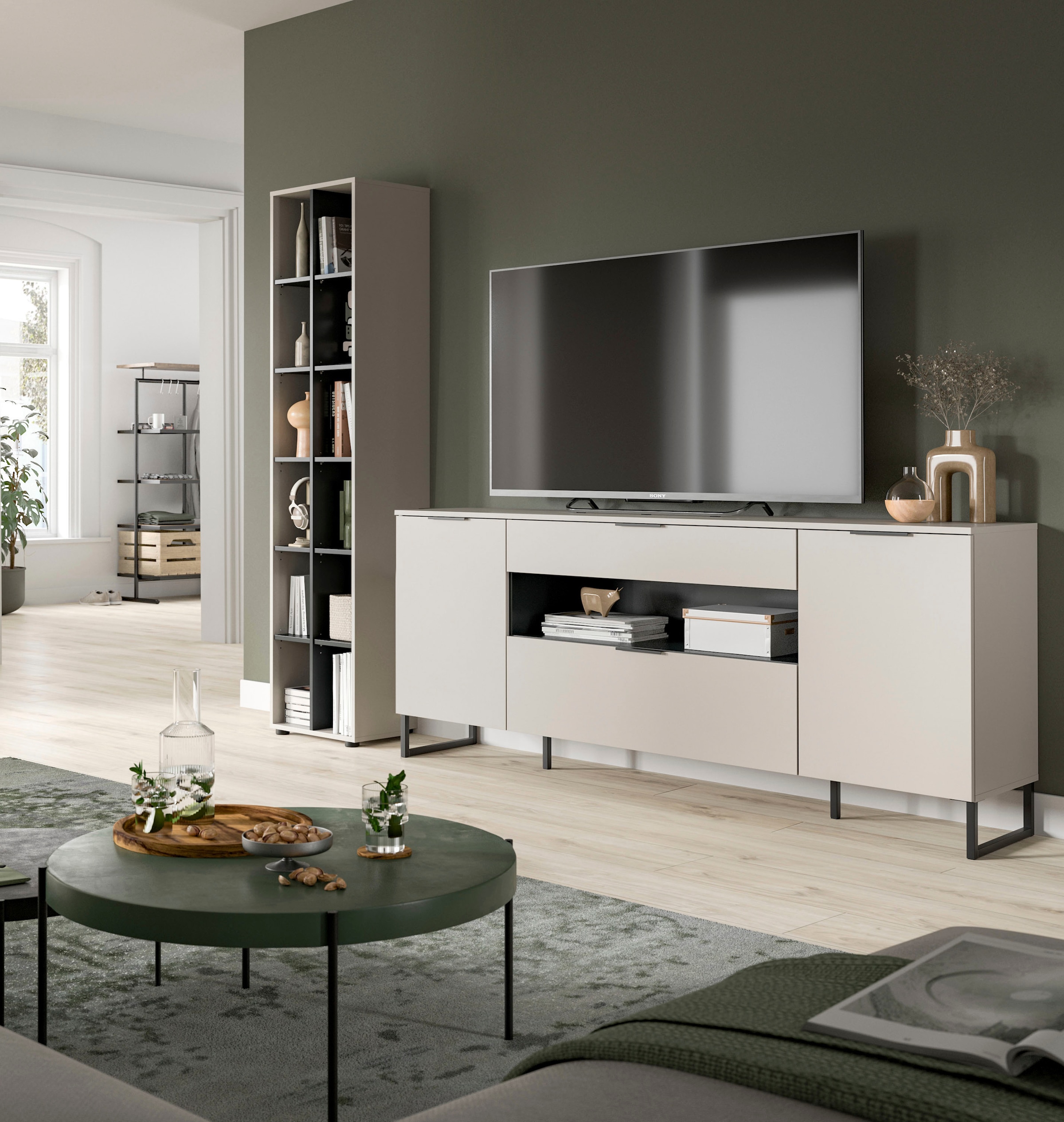 INOSIGN Wohnwand »ADIO, Breite 245 cm, 2-teiliges Set, mit Metall-Kufenfüsse« Set, bestehend aus: Standregal und Sideboard, 2 Stk. tlg.