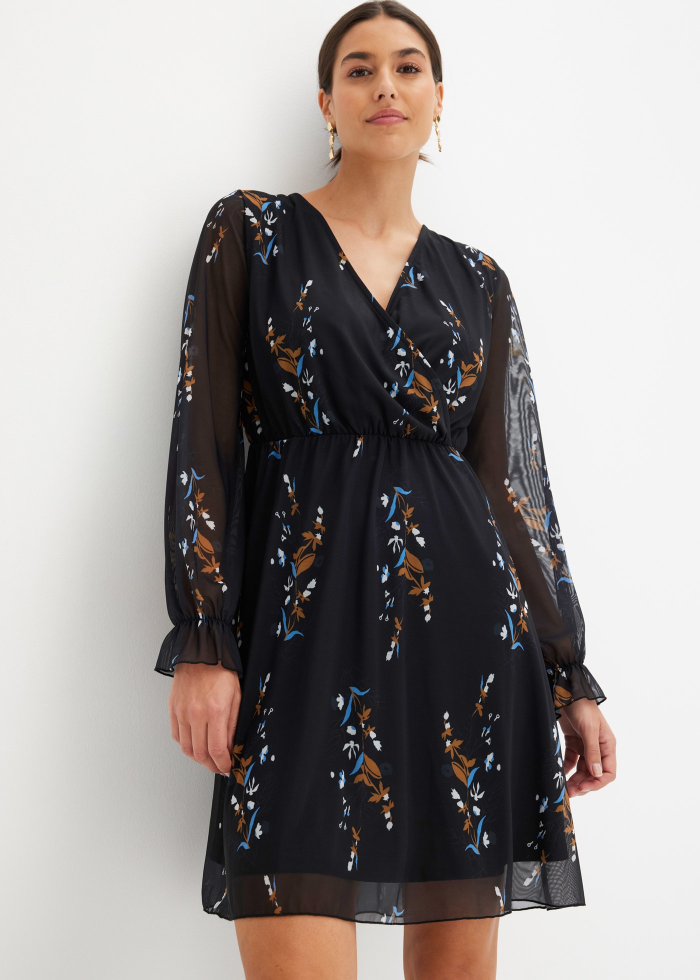 Image of bonprix Minikleid mit langem Arm, V-Ausschnitt, Wickel-Optik, mit floralem Print