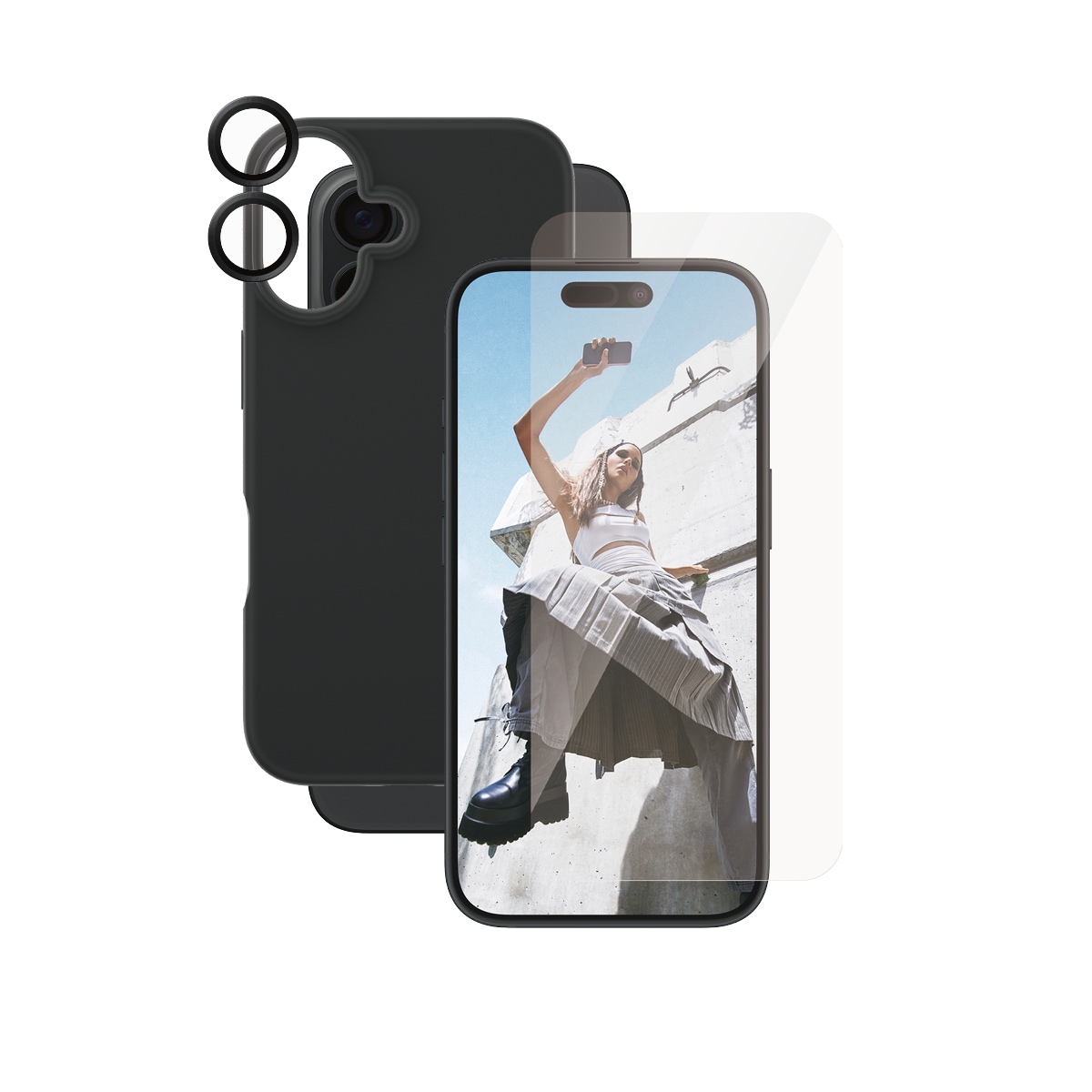 CARE by PanzerGlass Displayschutzglas »3-in-1 Protection, Glass, Case, Lenscover«, für Apple iPhone 16, Displayschutzfolie, Schutzfolie, Bildschirmschutz, kratz- & stossfest