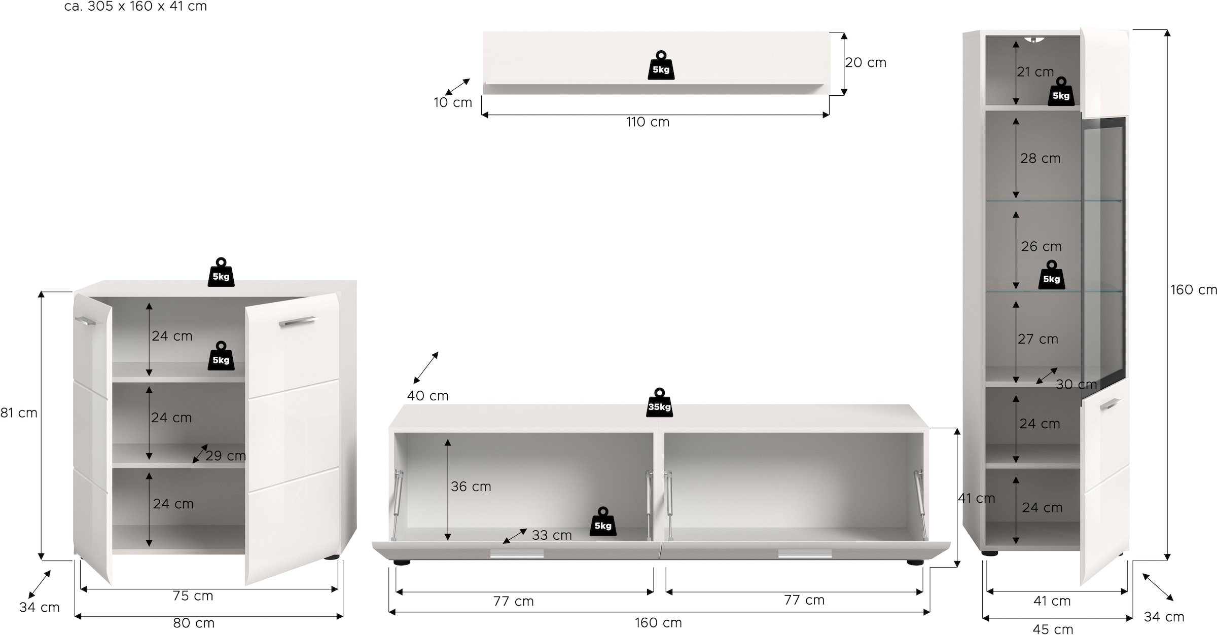 INOSIGN Wohnwand »FLORENZ, 4-teilige Wohn-Kombination, hochwertige MDF-Front« Set, Set, best. aus: 1 Kommode, 1 Lowboard, 1 Vitrine, 1 Wandboard, 4 Stk. tlg.