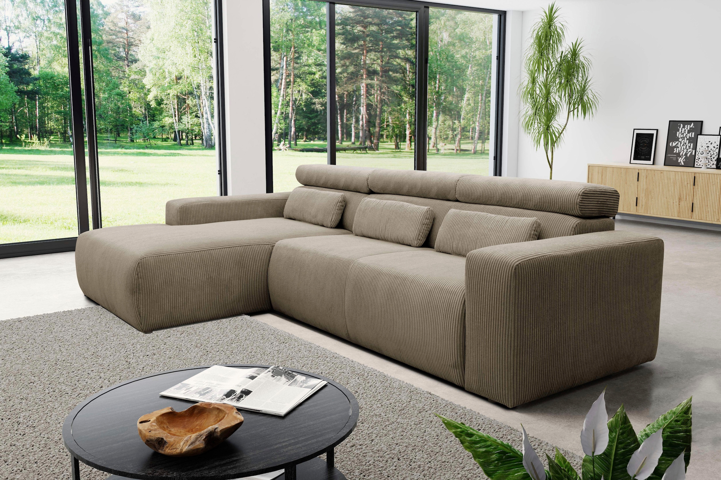 Image of DOMO collection Ecksofa "BRANDON 289x177 cm, belastbar bis 140 kg/Sitz, L-Form" mit Sitztiefenverstellung, Cord, schlamm