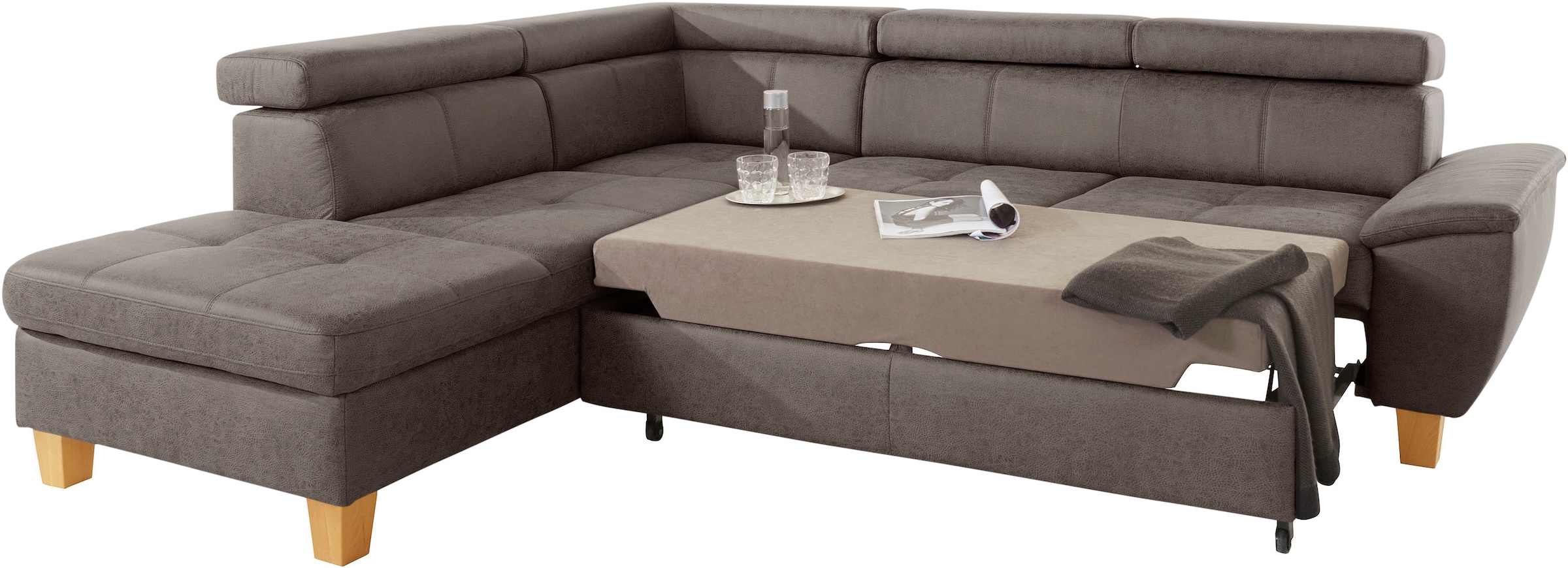 exxpo - sofa fashion Ecksofa »Enya, aufwendige Detailverarbeitung, hoher Sitzkomfort, bequem, L-Form«, mit Kopfteilverstellung, wahlweise Bettfunktion u. Bettkasten