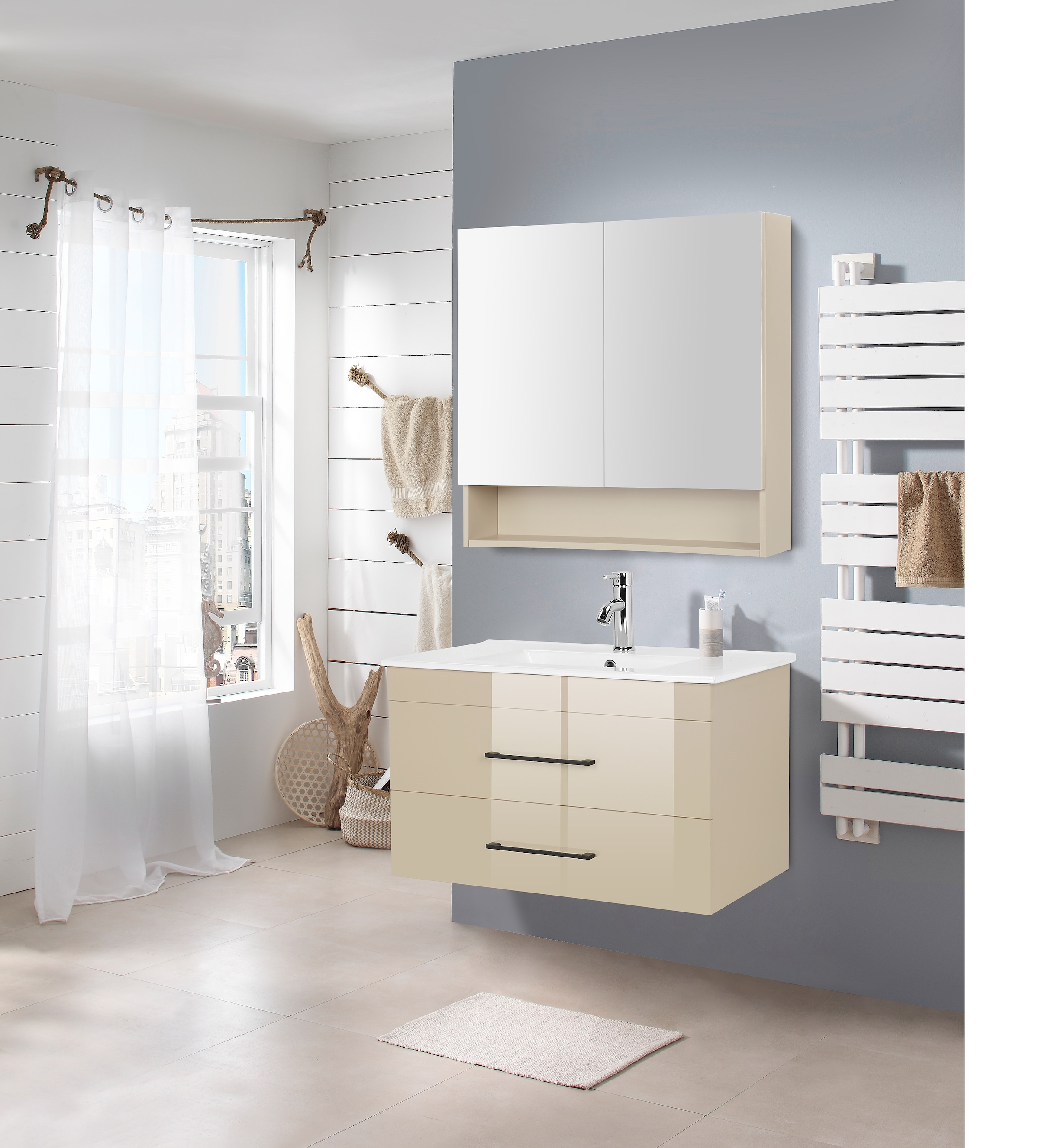 welltime Waschtisch »Florenz Badmöbel Badschrank mit Waschbecken« Waschplatz mit 2 Auszügen und Softclose Breite 80cm