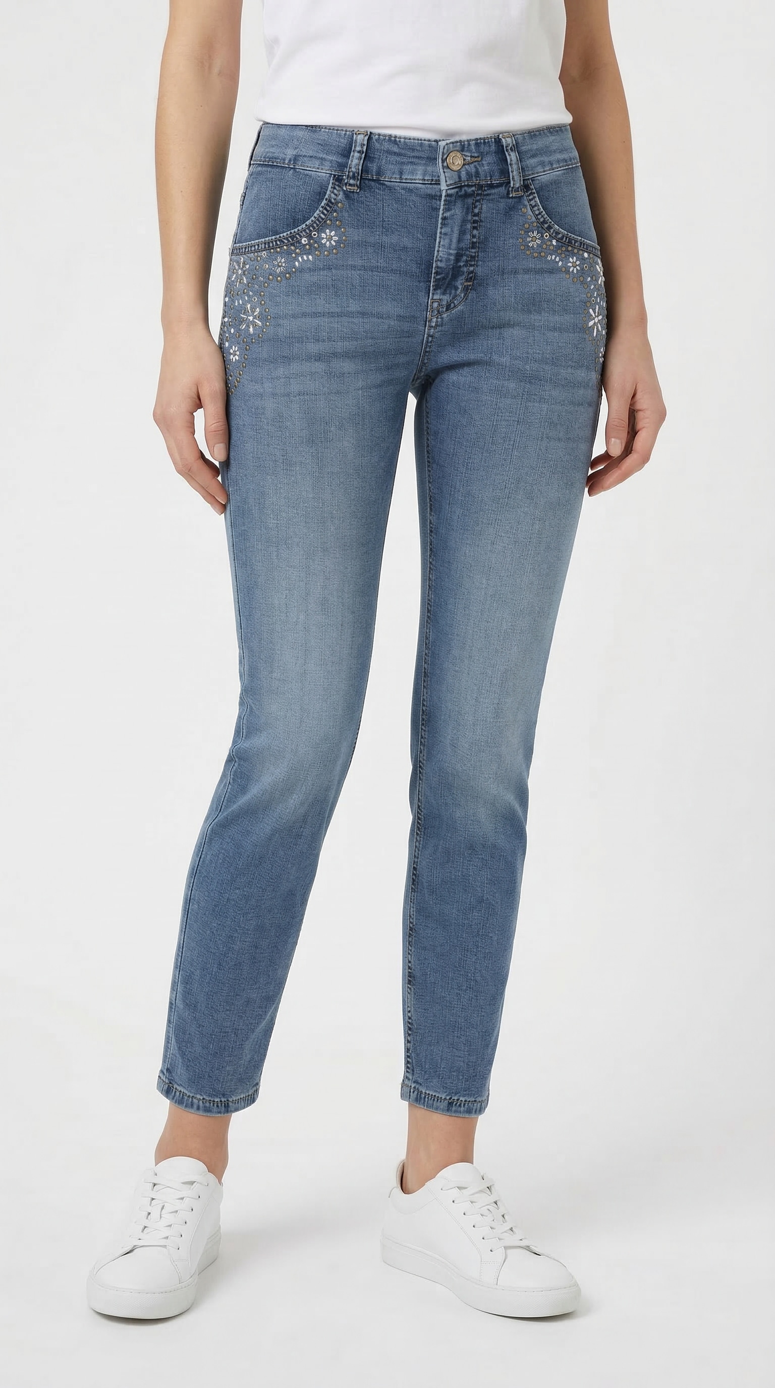 Image of MAC Slim-fit-Jeans "RICH SLIM 7/8 flower" mit Schmucksteinen