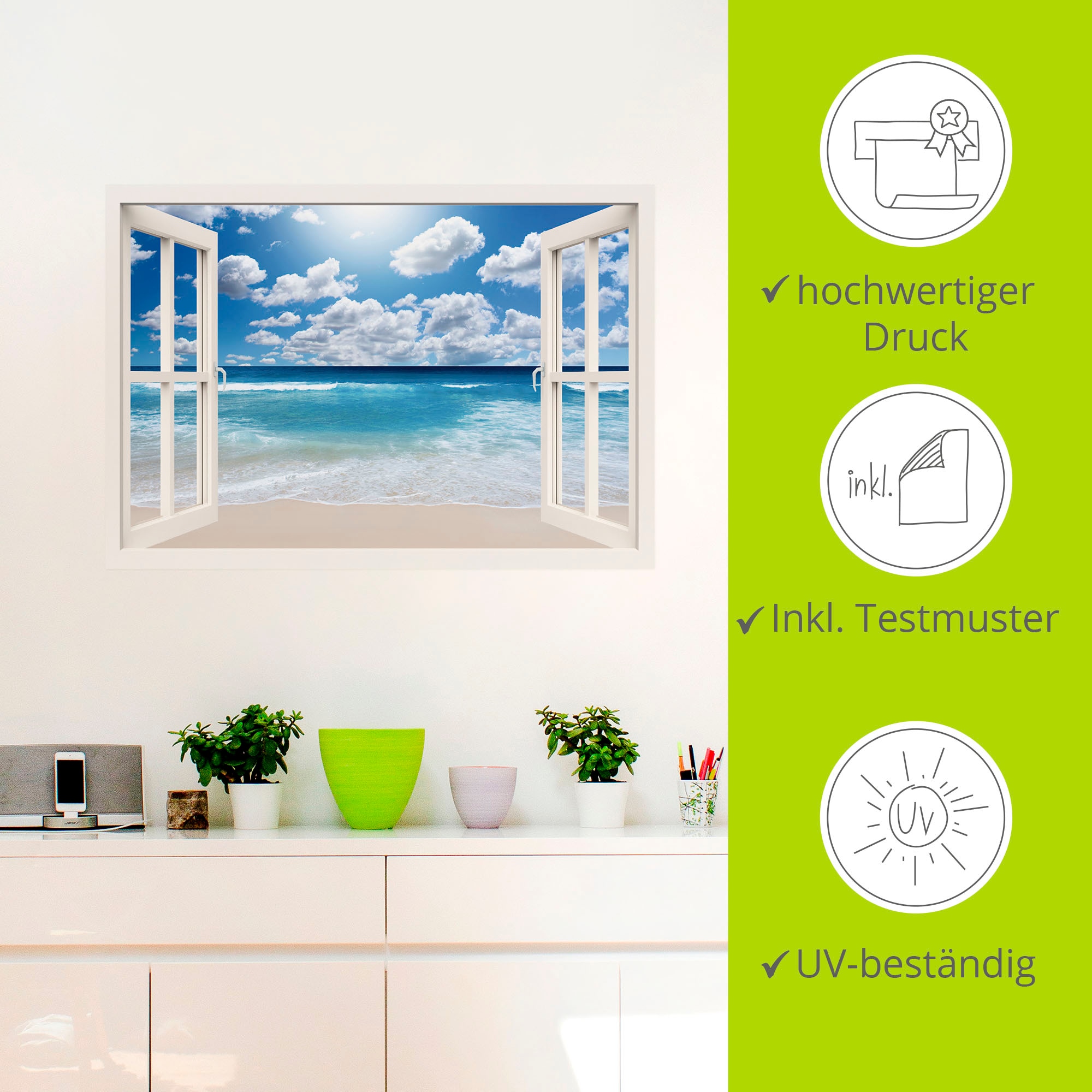 Artland Wandbild »Fensterblick Grossartige Strandlandschaft«, Fensterblick, (1 St.), als Leinwandbild, Poster, Wandaufkleber in verschied. Grössen