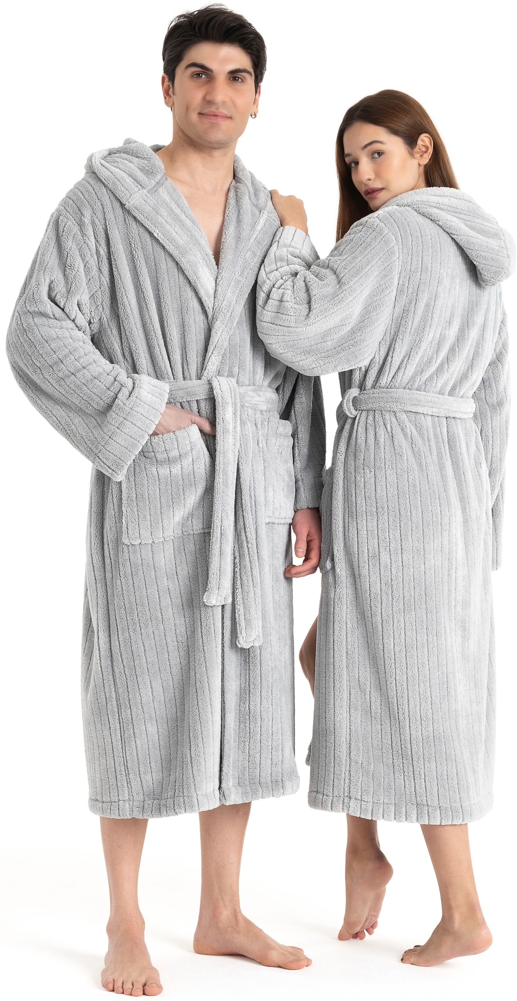 LeGer Home by Lena Gercke Peignoir de bain unisexe »Lovina gestreift, ideal für Sauna & Spa, Hotelbademantel, Morgenmantel« 1 cuis Hoch-Tief, kuschelig weicher Fleece, plüsch, Damen und Herren, XS-3XL