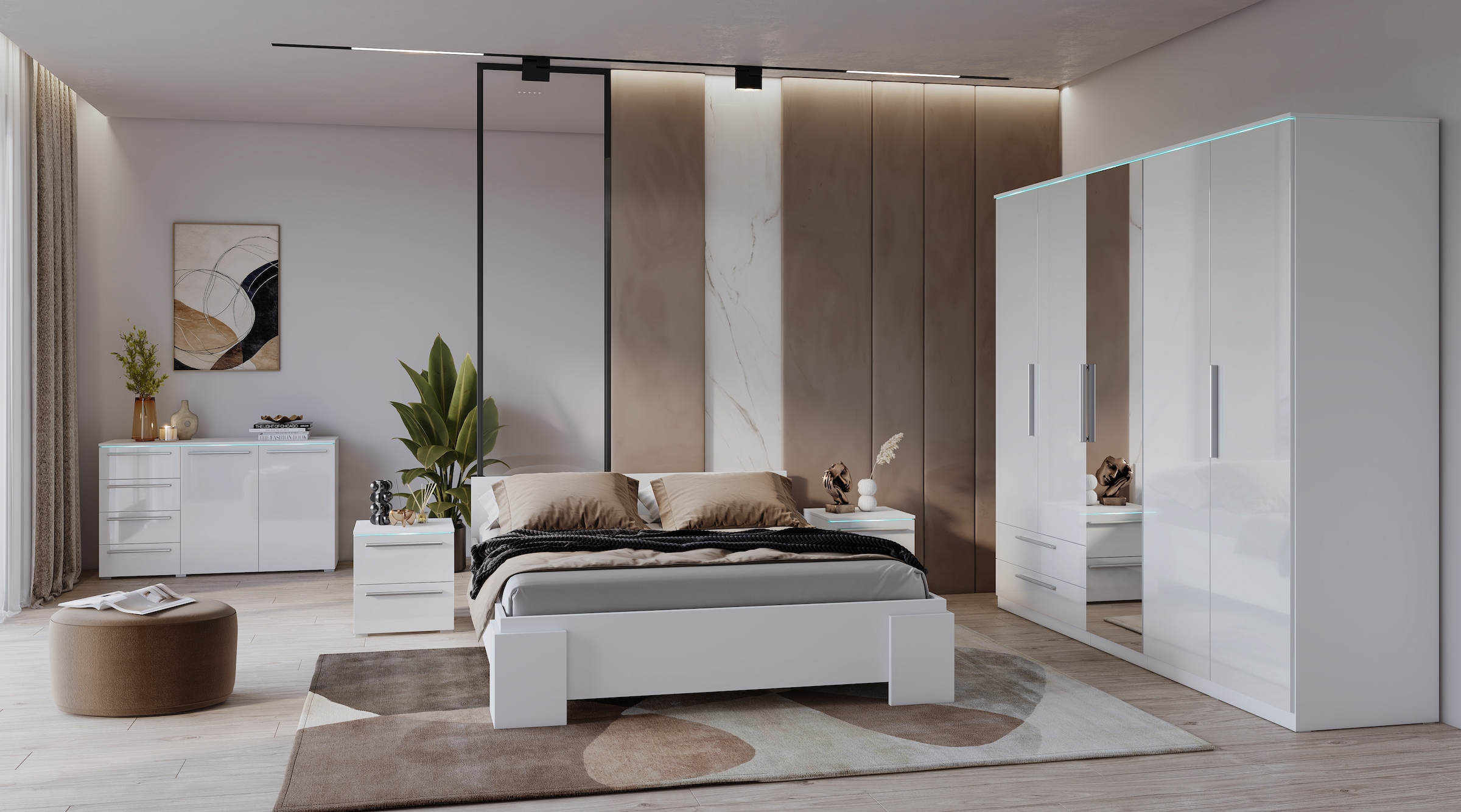 INOSIGN Kleiderschrank »India, FSC-zertifizierter Holzwerkstoff, Made in Europe«, (in Schieferoptik oder weiss mit Hochglanzfront), mit Beleuchtung und Fernbedienung, 181 oder 225x215x60cm